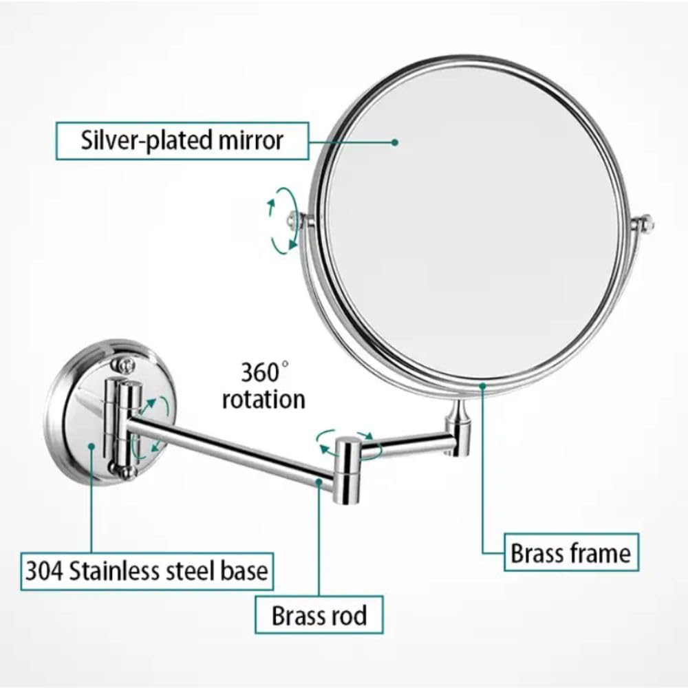 JPS 8 Inch Round Wall Mount Makeup Mirror with 5X Magnification - Brass Framed Adjustable Bathroom Mirror with Bracket (Silver Series) | Perfect for Shaving, Makeup Application & Grooming