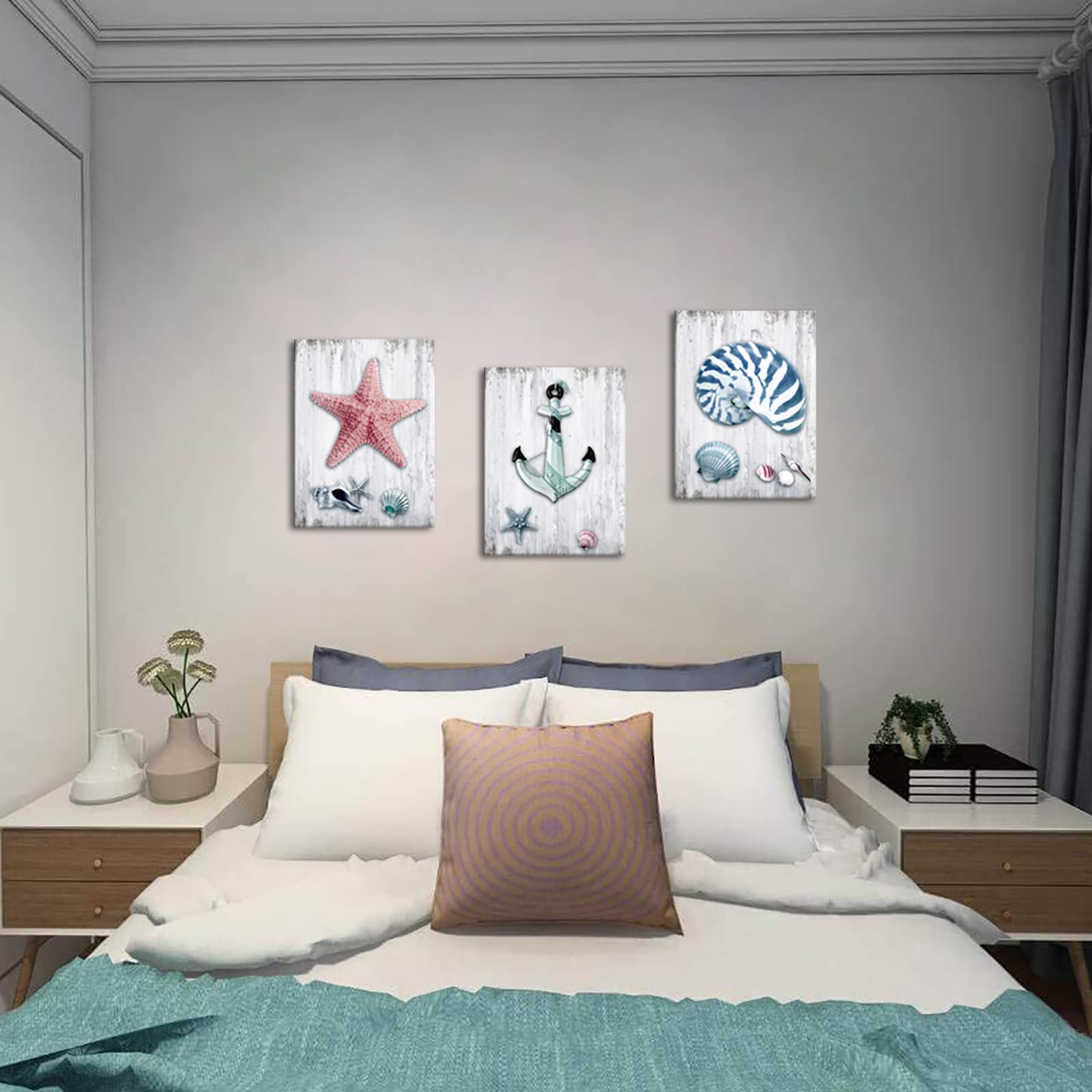 YeiLnm Nautical Seashell Canvas Wall Art - Starfish, Anchor & Conch Beach Theme Painting for Bathroom & Bedroom Decor | Coastal Home Decor, Beach House Wall Art, Ocean Themed Living Room Decor