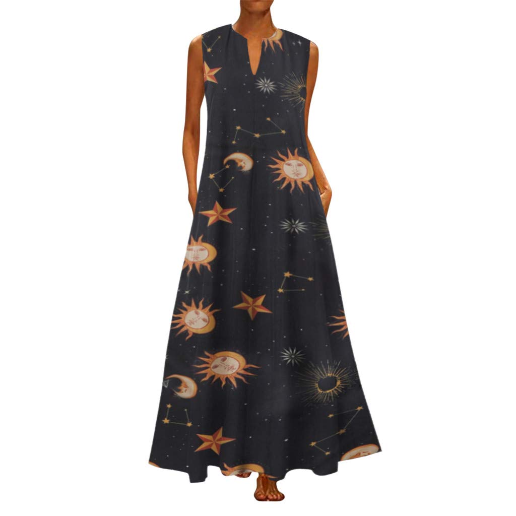 Women's Casual Summer Dresses - V Neck Loose Bohemian Maxi Dress Sleeveless Long Beach Party Dress for Outdoor, Vacation & Boho Style Occasions