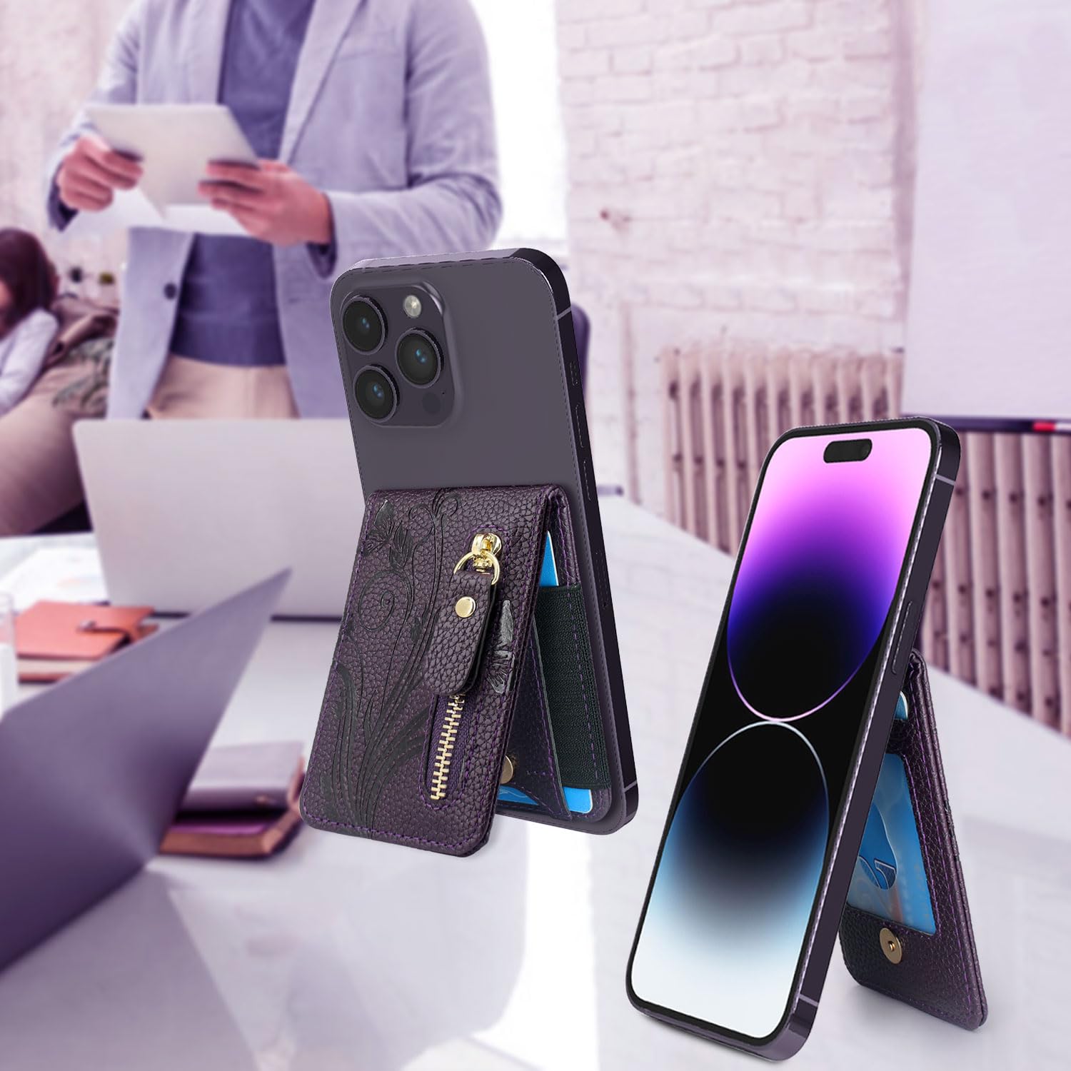 Stick-on Zipper Card Holder with Kickstand for iPhone, Samsung, Moto, BLU & Nokia Phones - Floral Midnight Purple | Adhesive Phone Wallet for Credit Cards, ID & Cash (Perfect for Travel, Shopping & Daily Use)