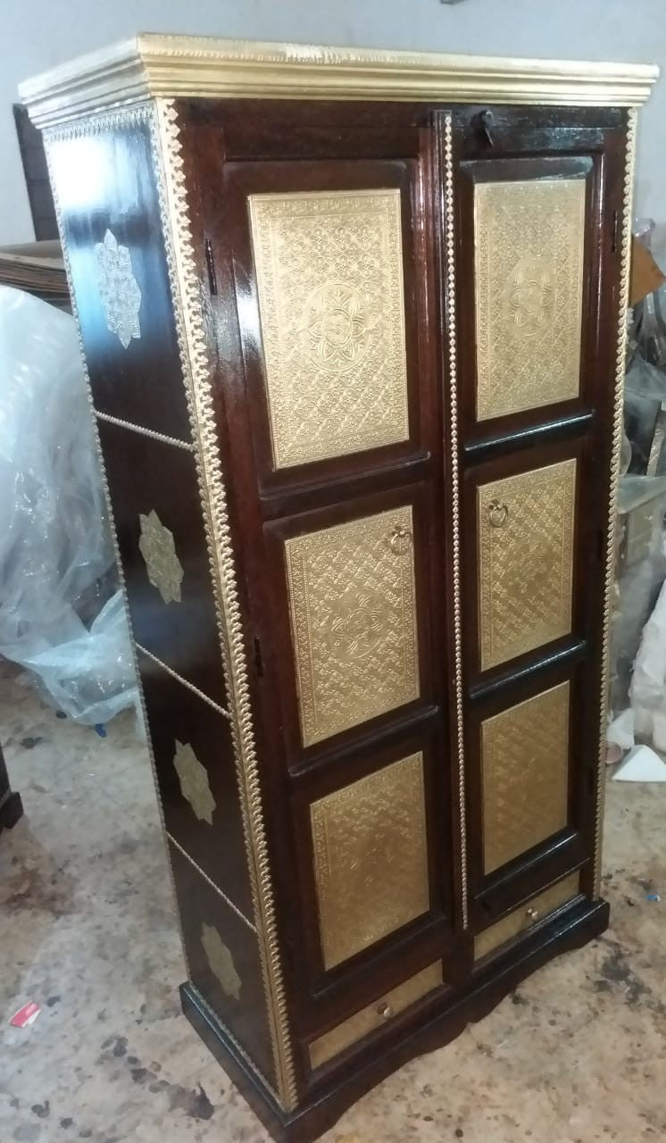 Handcrafted Embossed Brass Wooden Wardrobe Cabinet - Traditional Indian Furniture for Bedroom & Living Room Storage