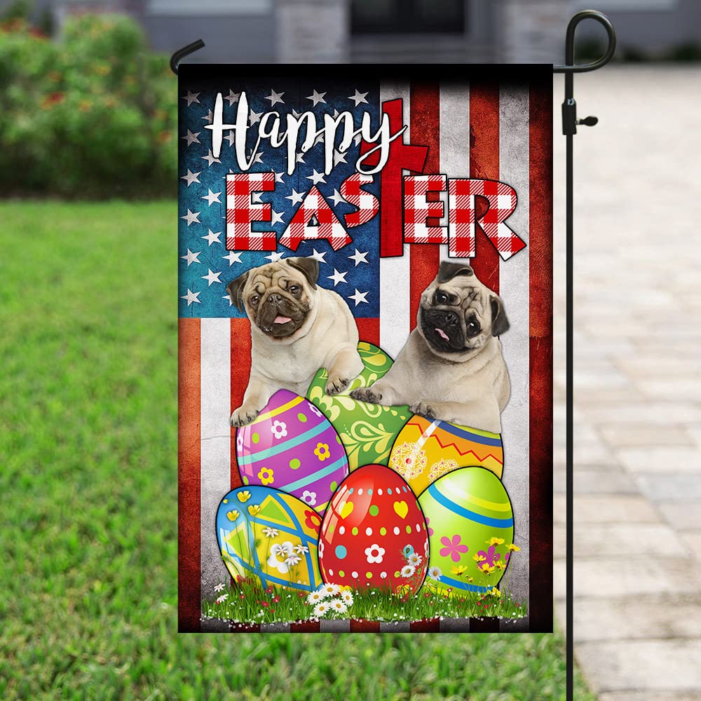 American Flag with Pug Dog Easter Egg Hunt Design - Patriotic Outdoor House & Yard Decoration for Easter Celebrations, Parties, and Home Decor