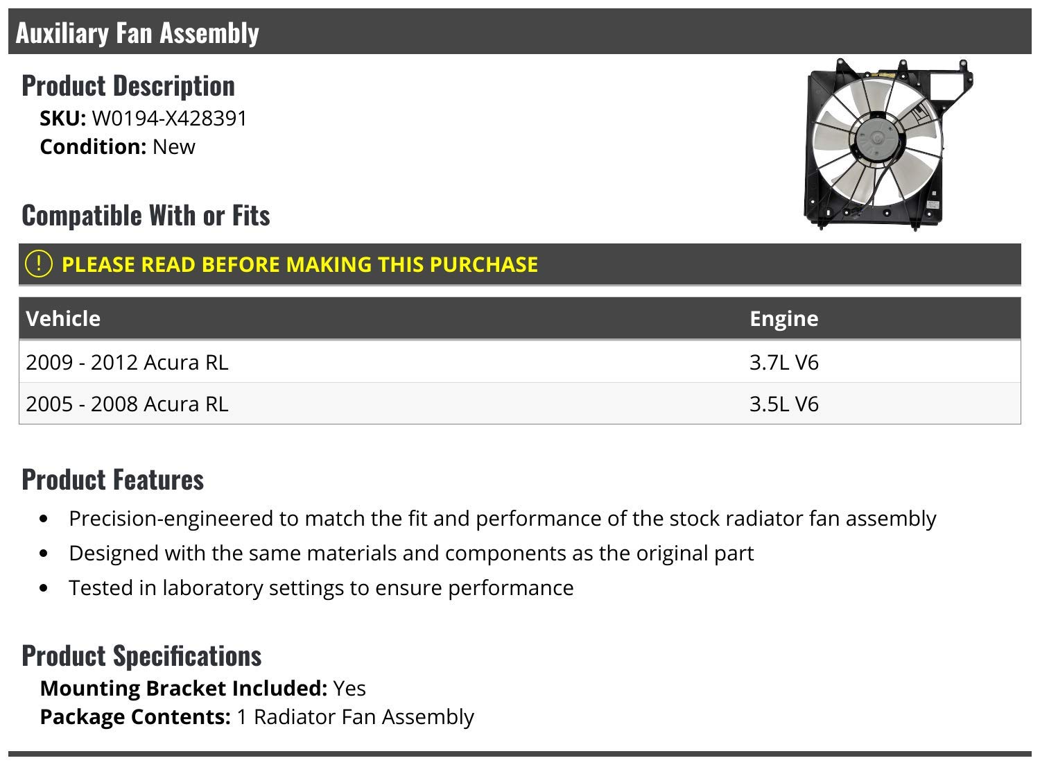 High-Performance Auxiliary Radiator Fan Assembly for 2005-2012 Acura RL V6 - Direct Fit Replacement Part - Perfect for Engine Cooling & Overheating Prevention in Summer Traffic
