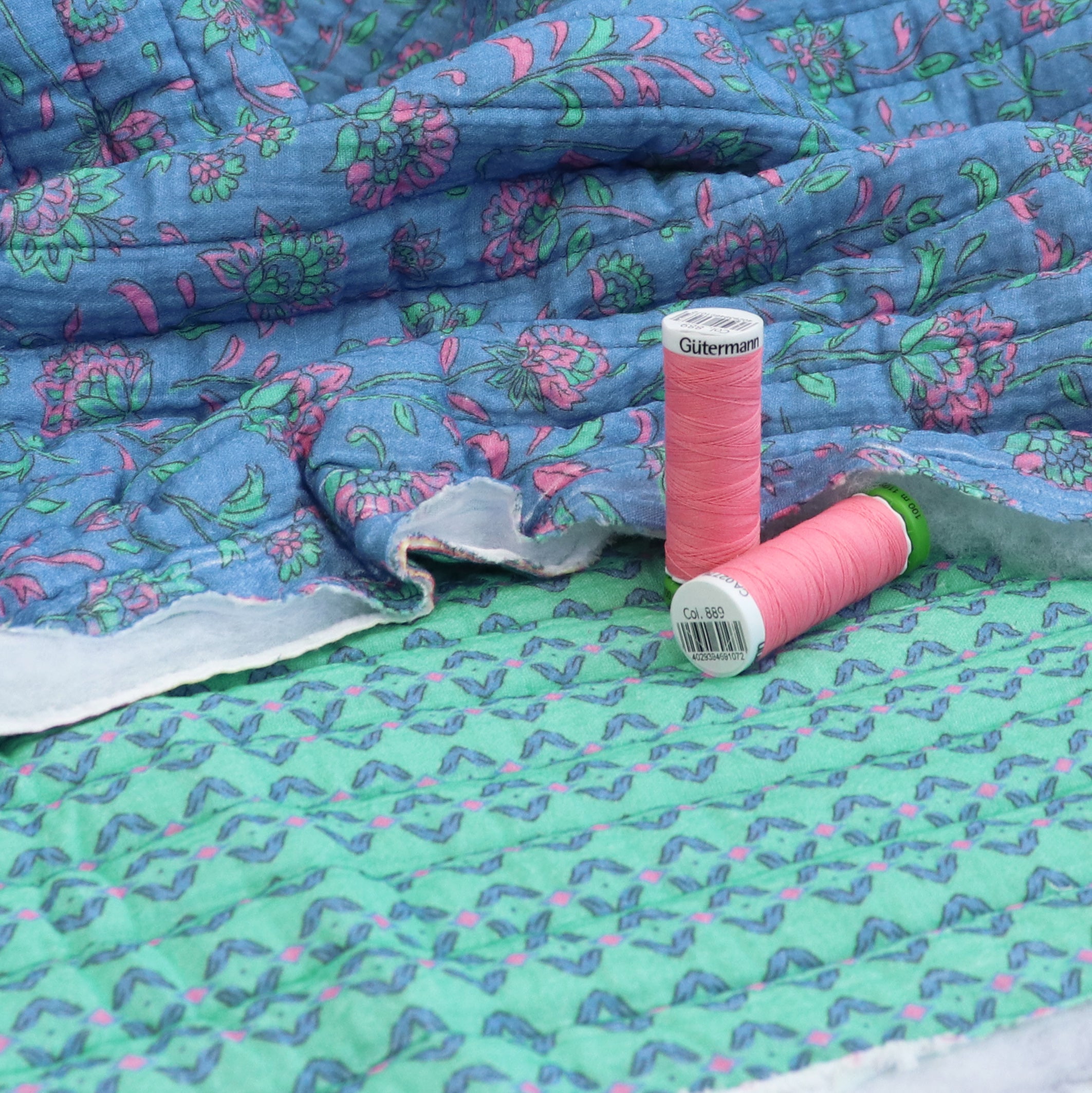 Quilted Double-Sided Fabric - Summer Flowers Design in Blue & Green | Perfect for DIY Quilting, Home Decor, and Craft Projects