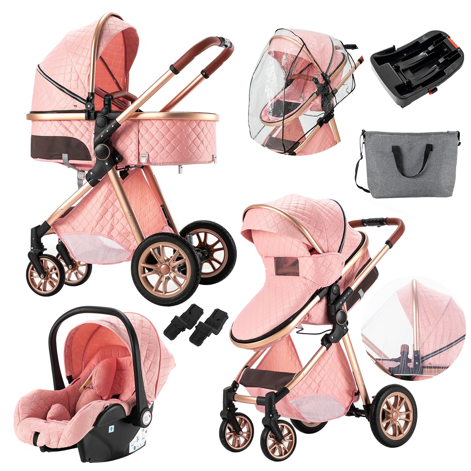 3 in 1 Baby Travel System - Convertible Reversible Stroller, Portable Foldable Pushchair & Infant Pram | Luxury High Landscape Buggy for Newborn (UDV9-PINK with Base) | Perfect for Shopping, Travel & Outdoor Walks
