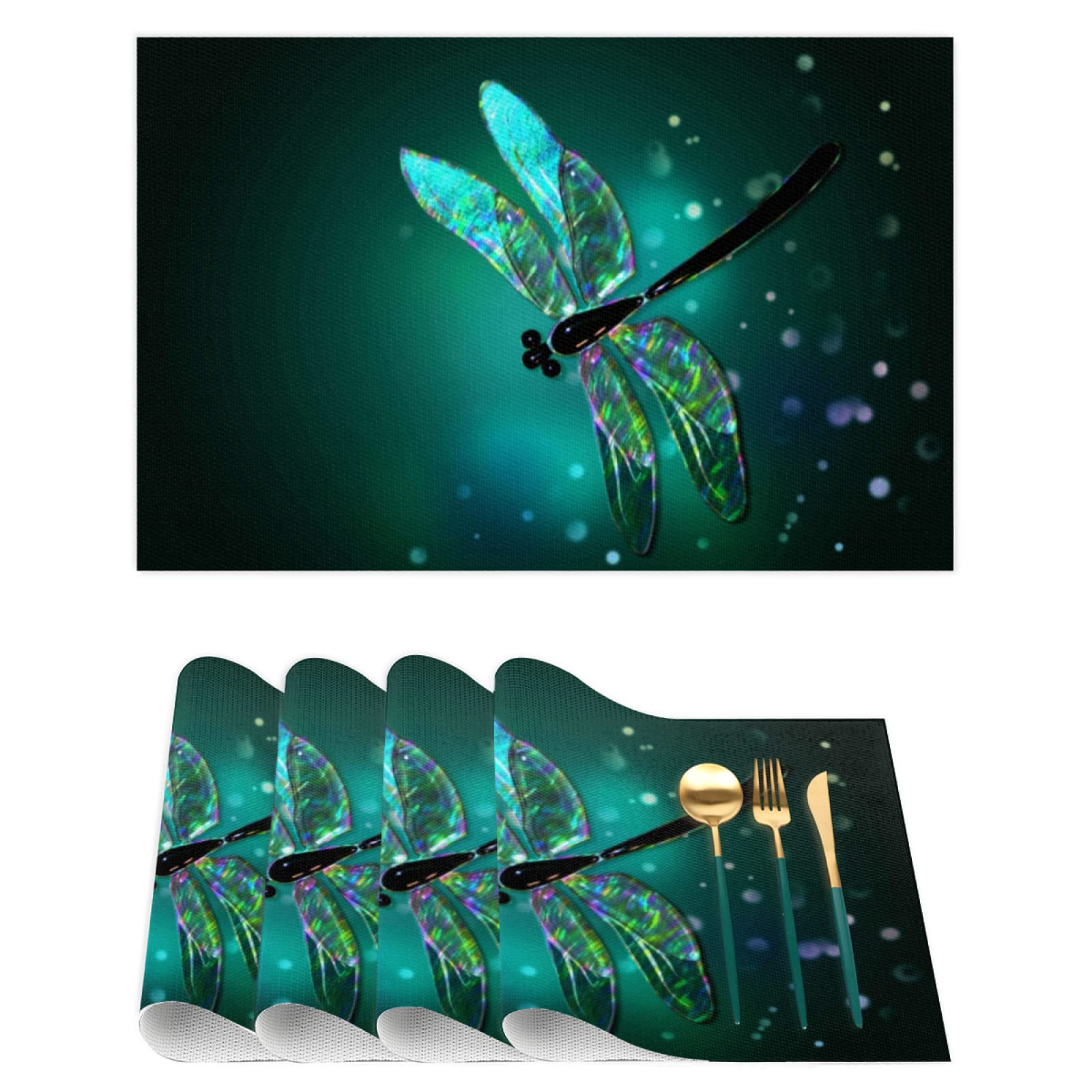Glass Dragonfly Green Placemats Set of 6 - Heat Resistant Vinyl Table Mats for Kitchen & Dining - Washable PVC Placemats for Everyday Use, Parties & Home Decor