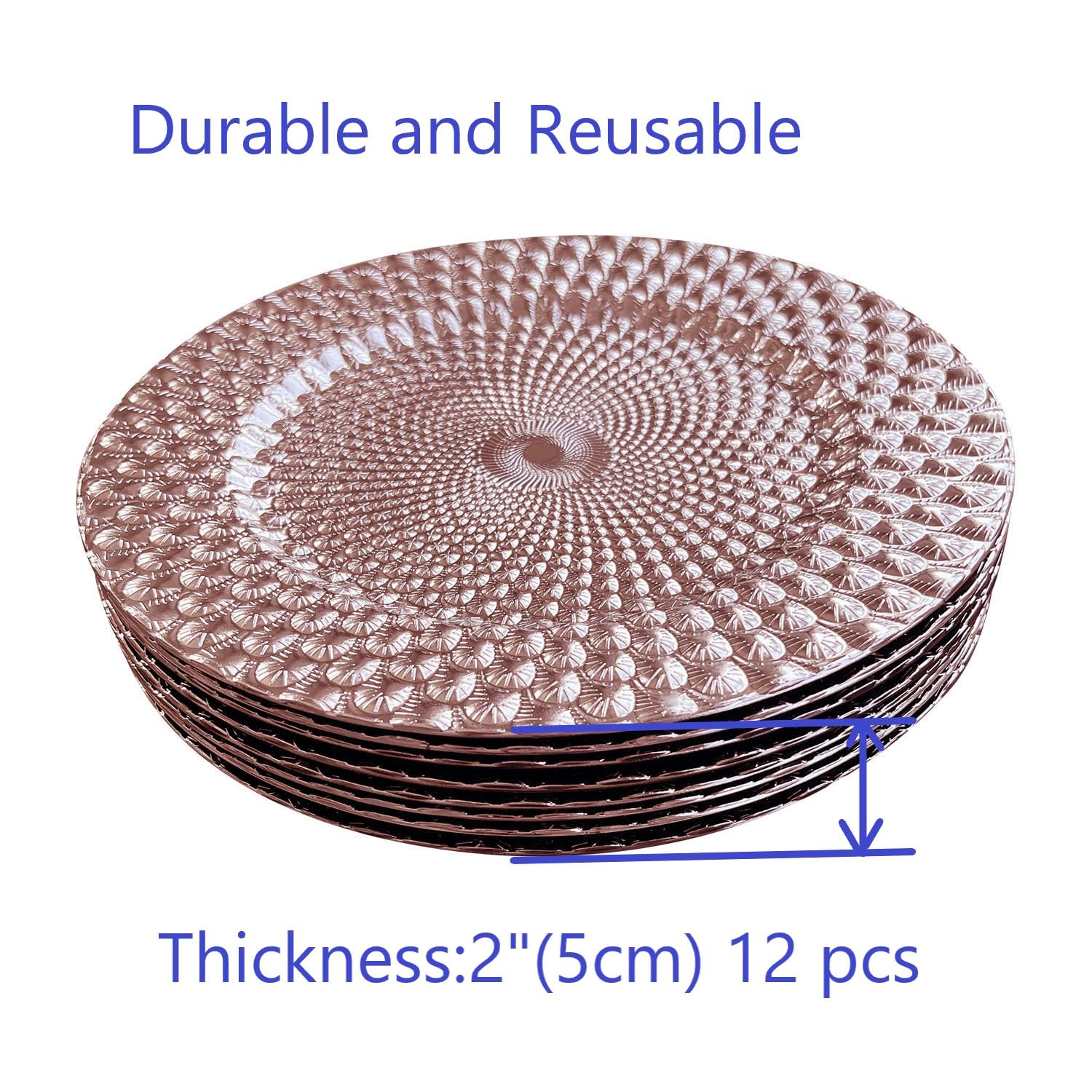 WELMATCH 12-Pack Rose Gold Plastic Peacock Charger Plates - 13 Inch Round Decorative Dinner Plates for Wedding, Party, and Special Events - Elegant Table Setting for Anniversary, Bridal Shower, and Holiday Celebrations