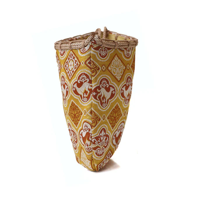 Handmade Kyoto Nishijin Silk Drawstring Pouch - Sacred Dog Medallion Design (Yellow) | Japanese Traditional Craft Purse for Coins, Jewelry & Gifts | Perfect for Festivals, Travel & Special Occasions