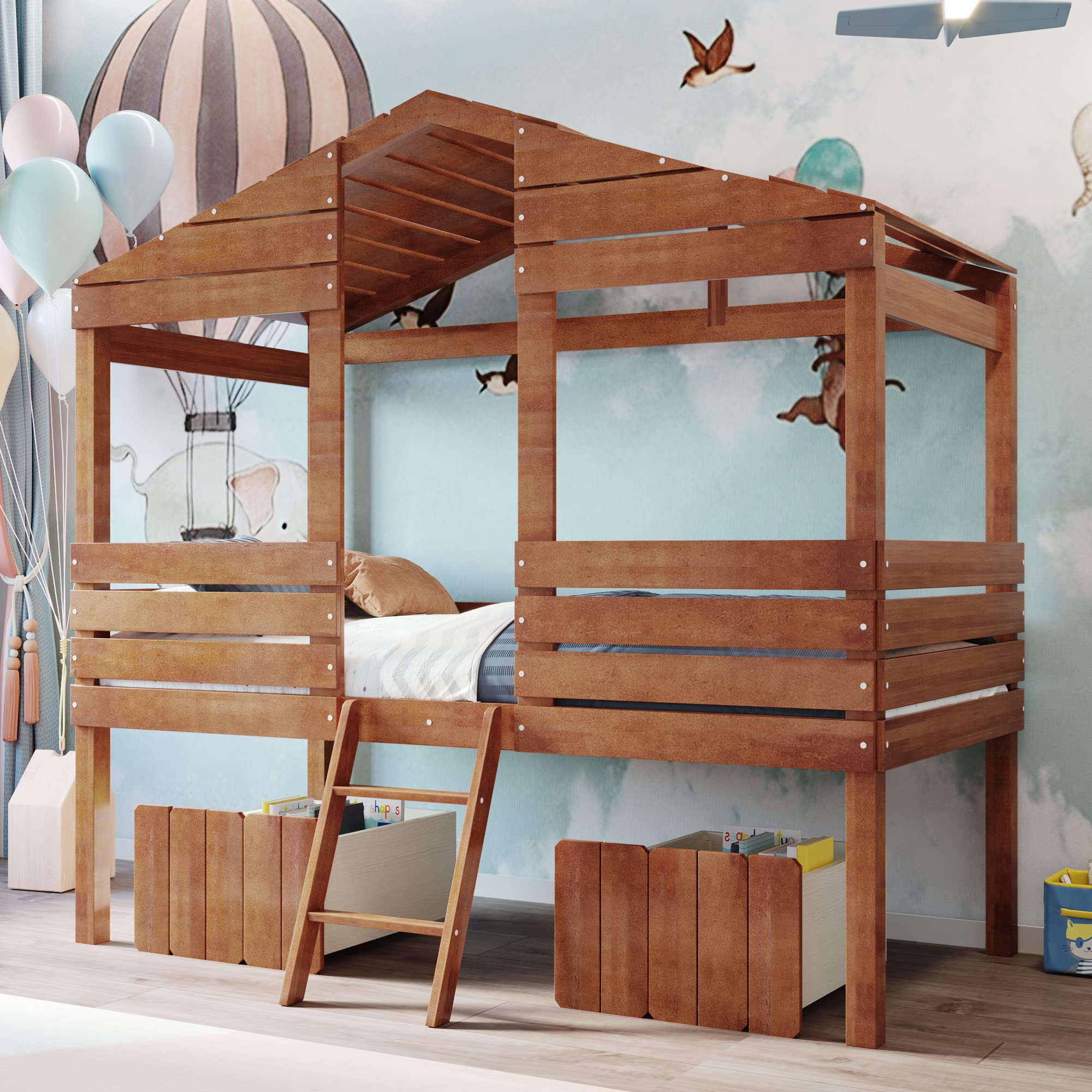 Softsea Twin House Loft Bed with Storage - Kids Play & Sleep Space