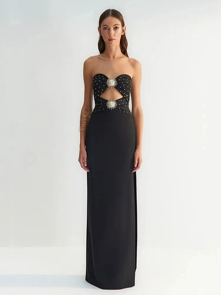 Sexy Strapless Hollow Diamond Bandage Dress for Women - Elegant Long High Split Party Dress - Perfect for Summer Celebrity Events, Nightclubs & Evening Parties