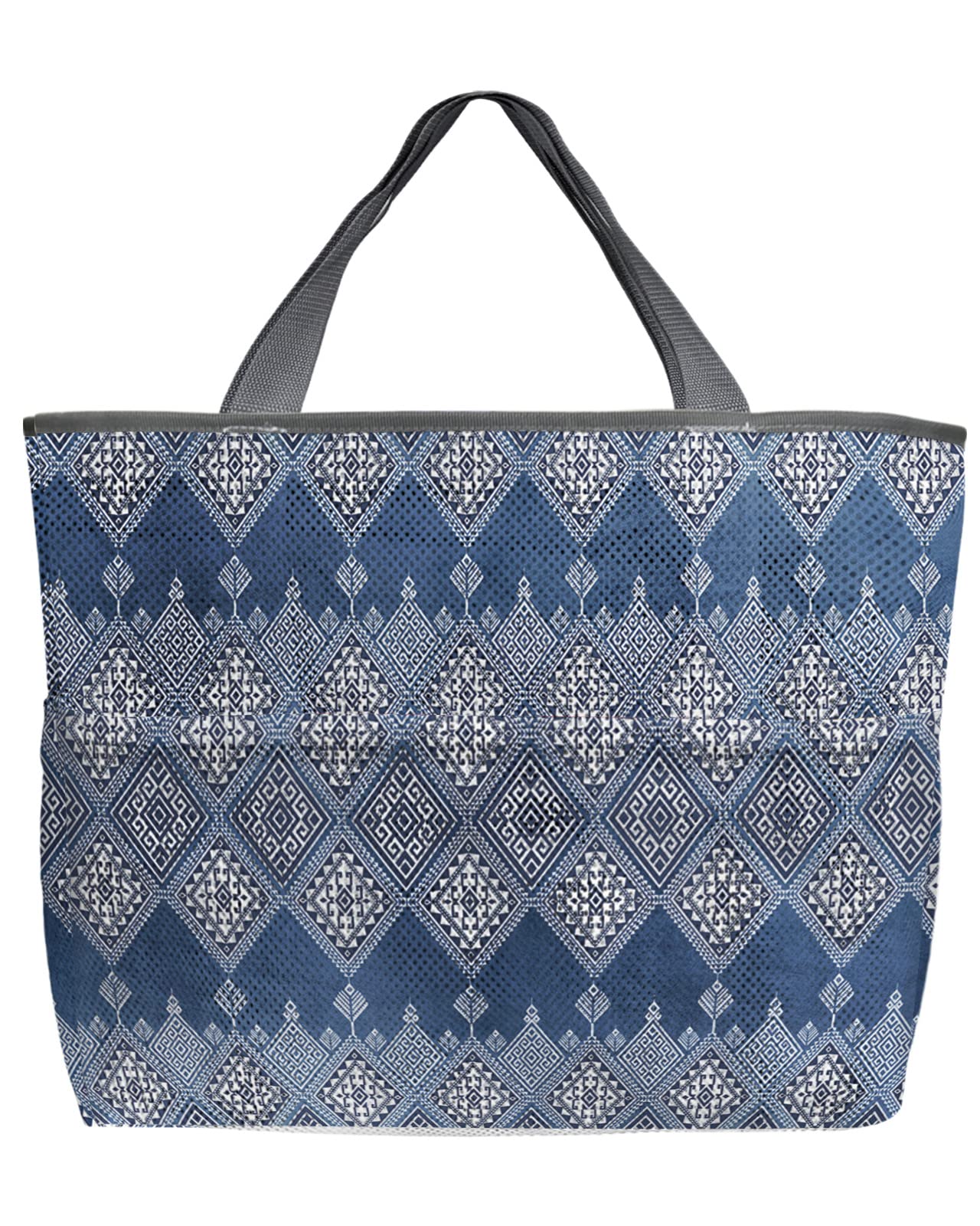 Ethnic Style Mesh Beach Tote Bag - 60L Oversized Geometric Rhombus Design in Blue & Grey | Quick-Dry Swim Bag with Pockets | Foldable Lightweight Net Bag for Beach, Pool & Grocery Storage | Perfect for Summer Vacations, Water Activities & Shopping (24