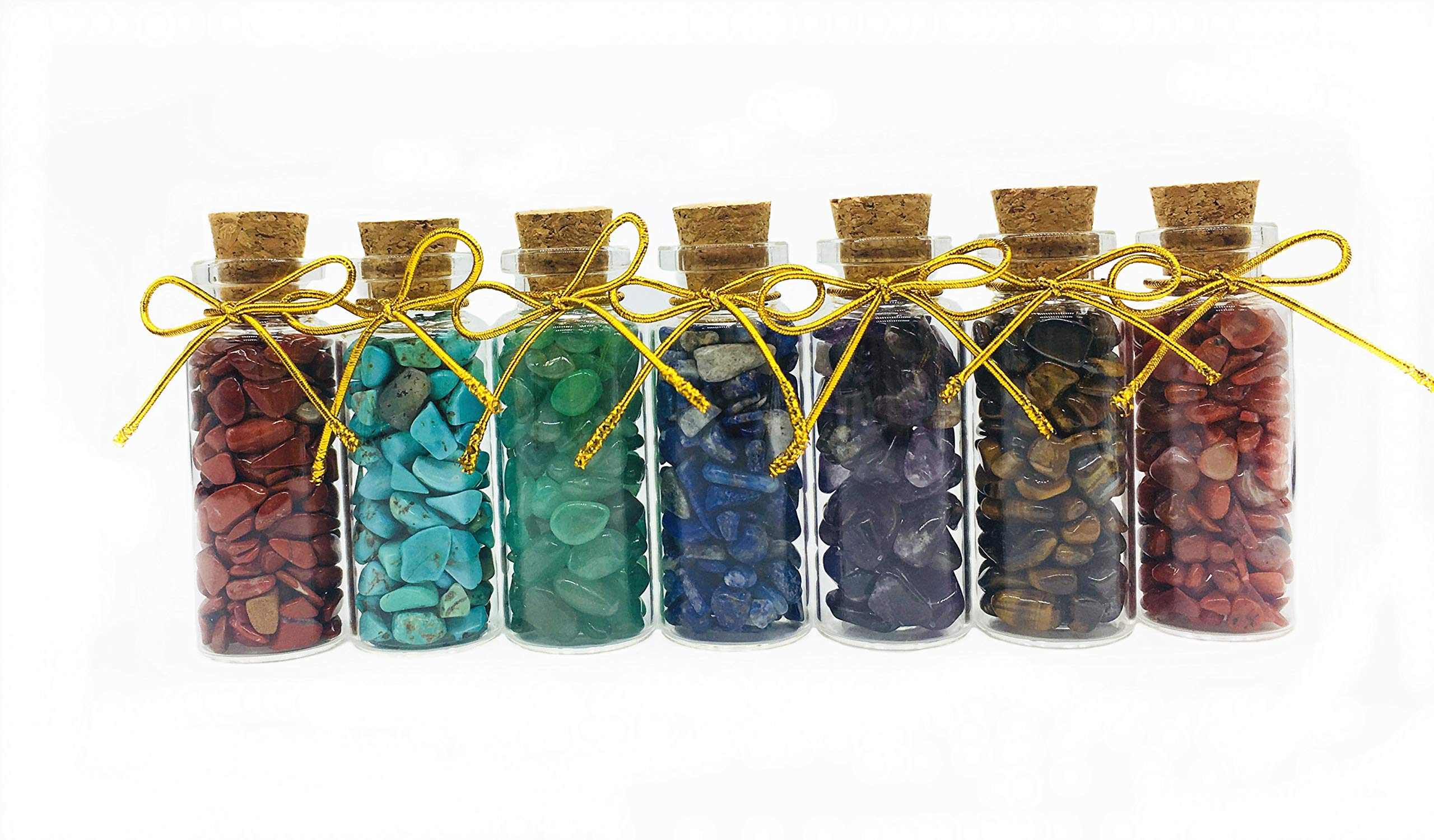 Zungtin 7pcs Mini Glass Wishing Bottles with Tumbled Gemstone Crystal Chips - 7 Chakra Healing Stones Set for Reiki, Meditation & Home Decor (Rainbow Color)
