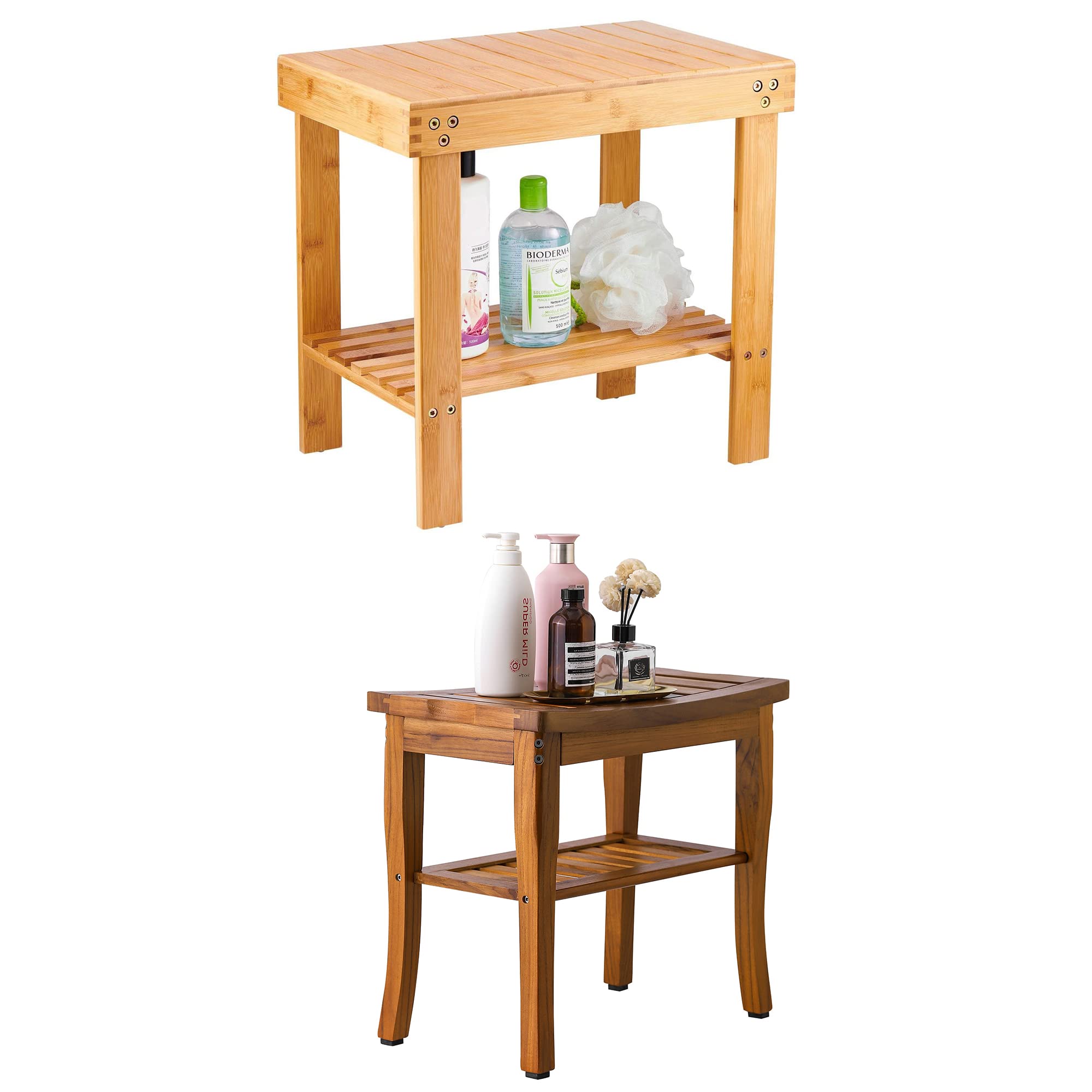 VaeFae Bamboo Shower Stool & Teak Shower Bench Set - Non-Slip Bath Seat for Elderly, Spa, and Relaxation - Perfect for Bathroom, Sauna, and Shower Safety
