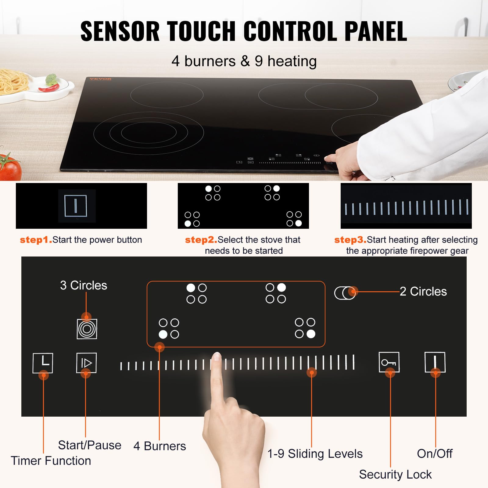 VEVOR 30-Inch Built-in Electric Stove Top with 4 Burners - 240V Glass Radiant Cooktop with Sensor Touch Control, Timer & Child Lock - 9 Power Levels for Simmering, Steaming, Slow Cooking & Frying - Perfect for Modern Kitchens, Home Chefs & Cooking Enthusiasts