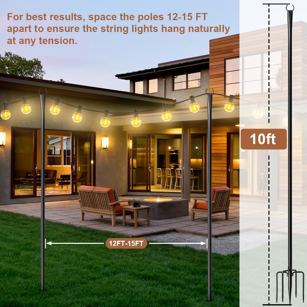 4 Pack 10ft Heavy-Duty Metal Outdoor String Light Poles with Fork - Adjustable Lighting Stand for Patio, Backyard, Pergola, Garden, Deck & Camping Parties | Weather-Resistant for Year-Round Use
