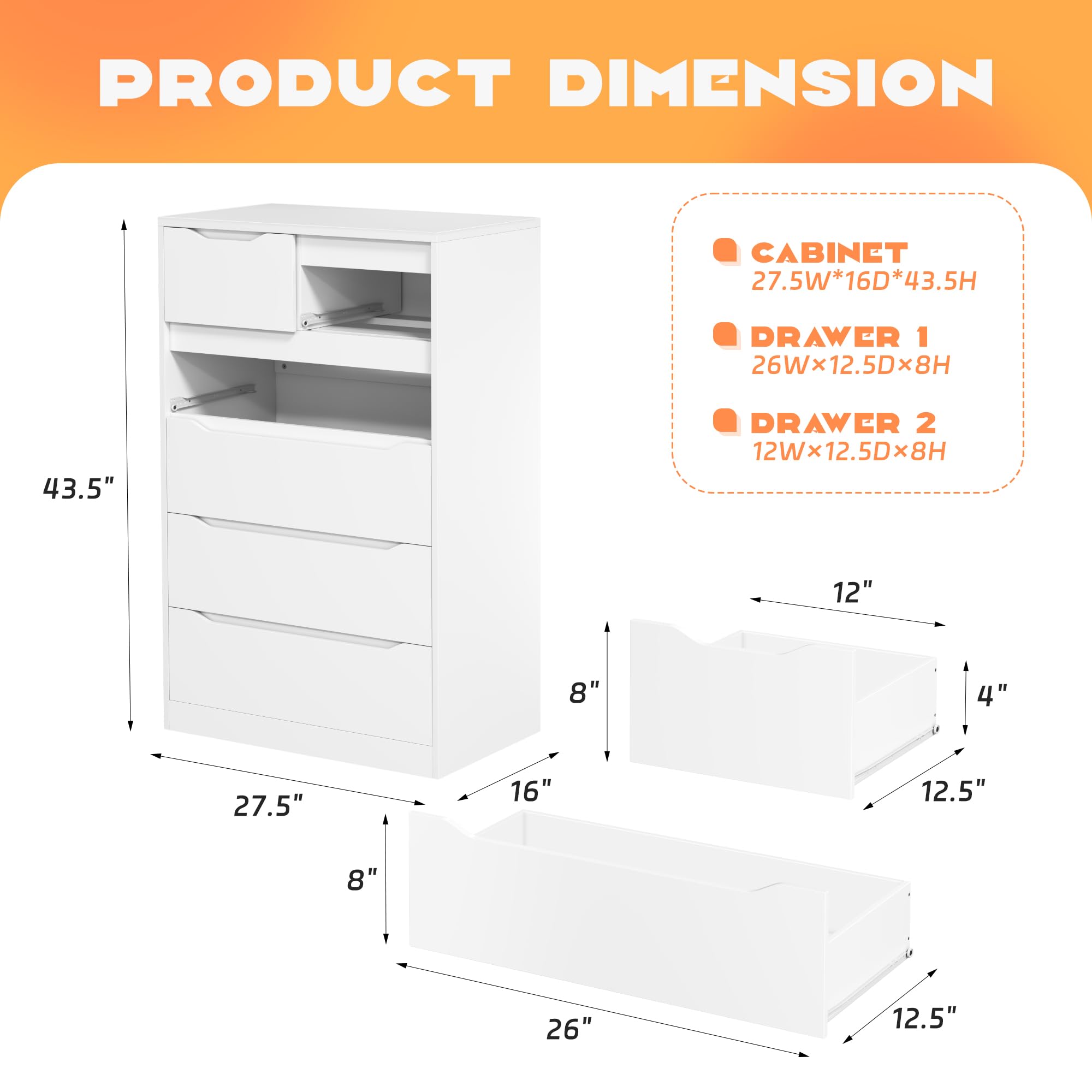 INTERGREAT 6-Drawer Tall Dresser for Bedroom - Modern White Chest of Drawers with Large Storage Space, 27.5