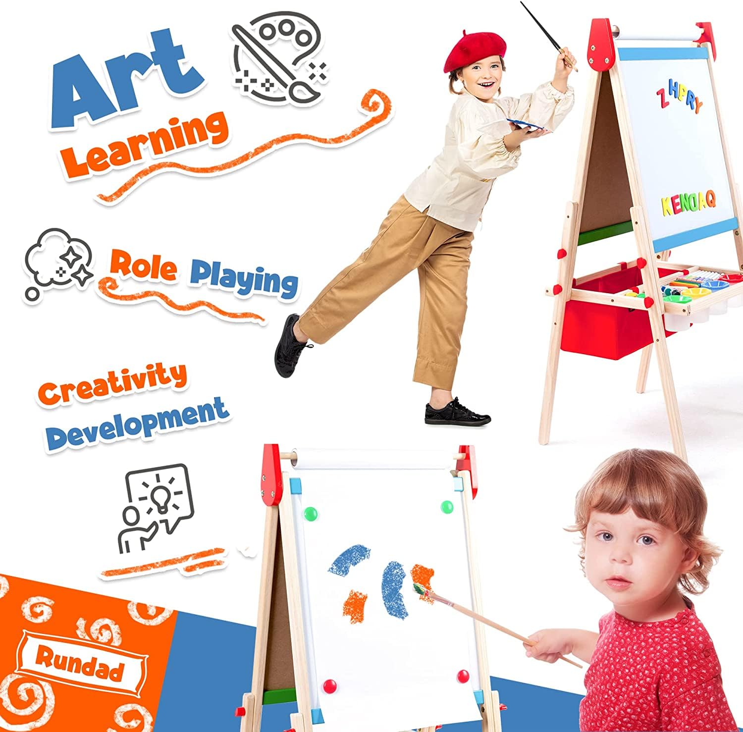 Double Sided Wooden Kids Easel with Magnetic Chalkboard & Whiteboard - Adjustable Height Art Easel for Toddlers Ages 3-8 | Includes 100+ Accessories, 2 Paper Rolls & Painting Supplies | Perfect for Home, Classroom & Creative Play