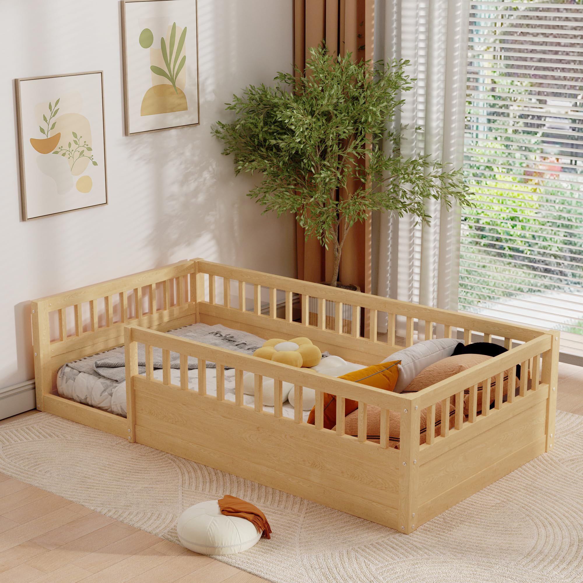 Montessori Floor Bed for Kids - Twin Size Wooden Playhouse Bed with High Safety Railings for Baby Boys, Girls & Teens | Natural Finish | No Slats Included | Perfect for Montessori Rooms, Nursery Decor & Safe Toddler Sleeping