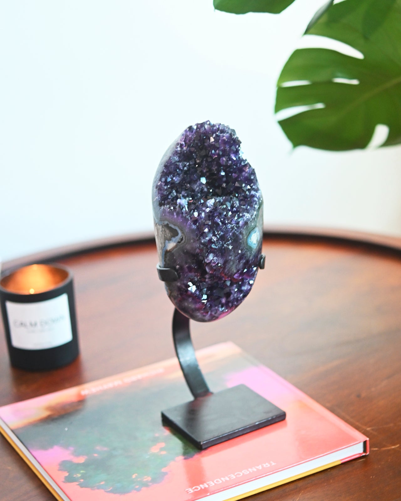 Natural Banded Amethyst Crystal Geode with Wooden Stand - 4.8 lbs Raw Purple Amethyst Cluster for Home Decor, Meditation & Healing Crystal Collection