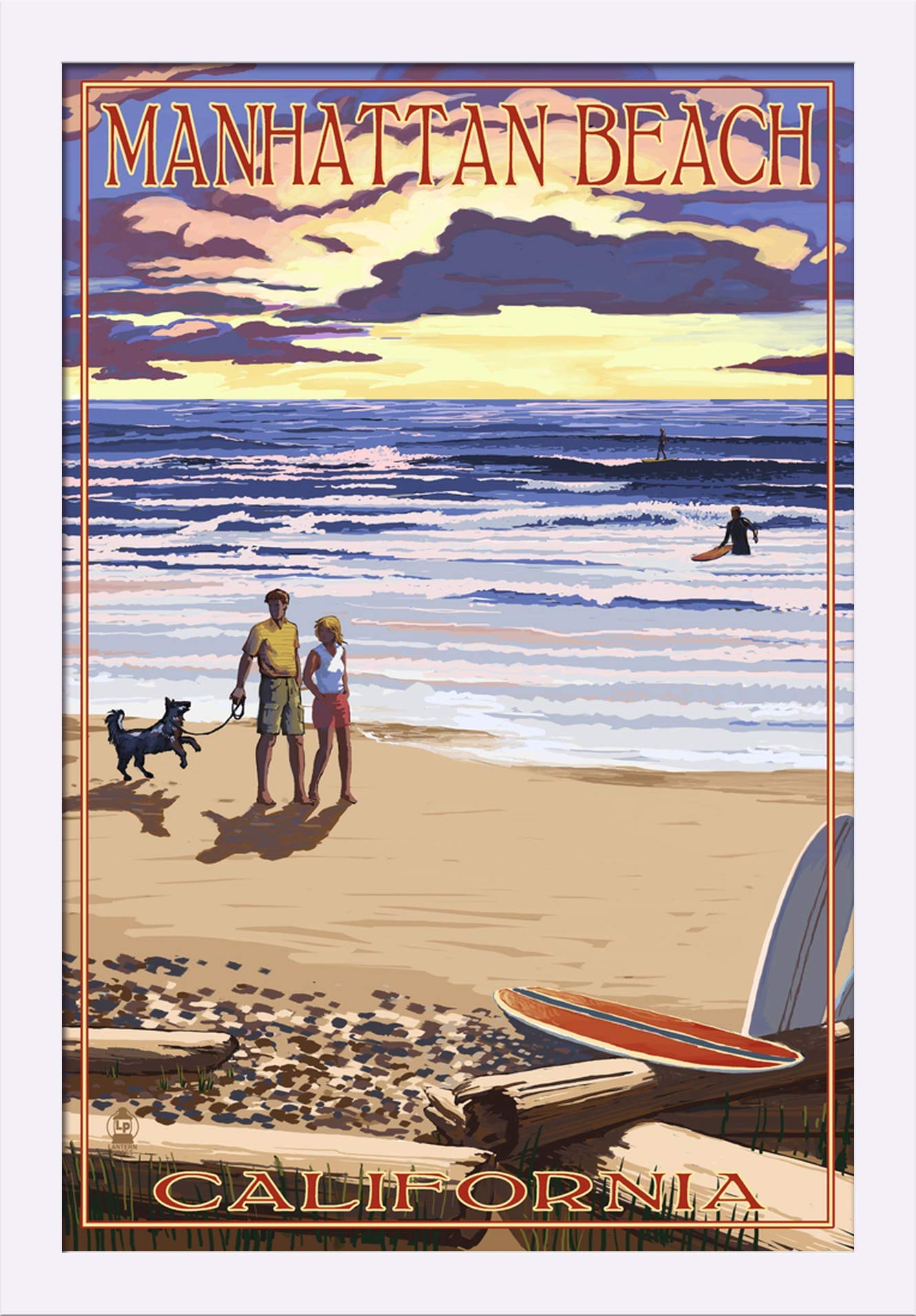California Sunset Beach Art Print - Manhattan Beach Scenery 16x24 Inch Giclee Fine Art with Recycled Wood Frame (White) - Perfect for Coastal Home Decor, Office Wall Art & Gift Ideas