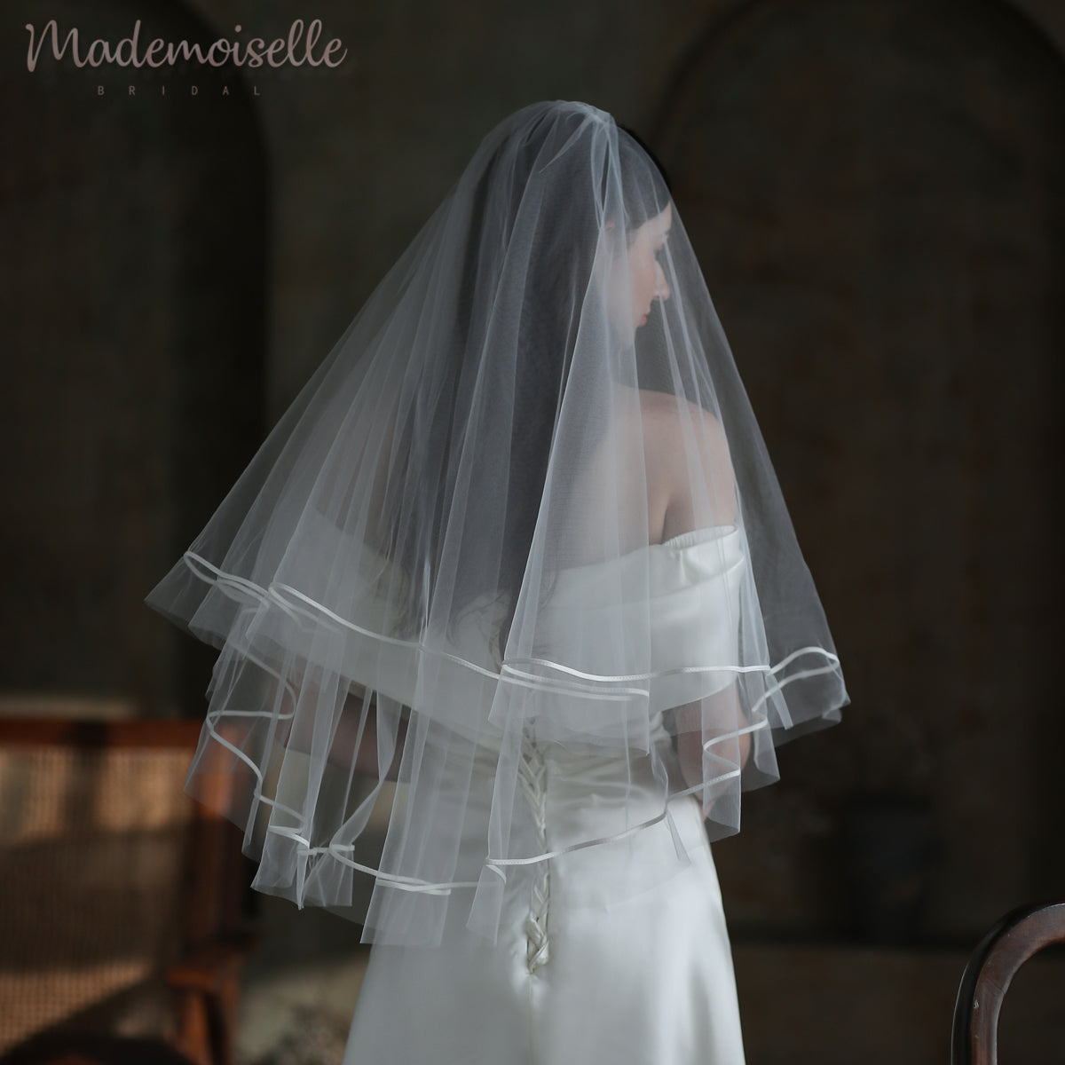 Elena Veil - Elegant Bridal Wedding Veil with Lace Trim for Church Ceremony & Photo Shoots