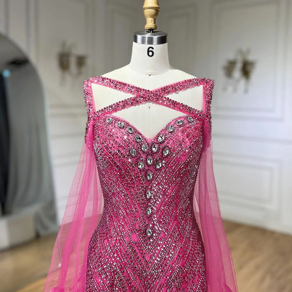 Elegant Fuchsia Mermaid Wedding Dress with Cape Sleeves, Beading & Feather Embellishments - Serene Hill LA72286 | Perfect for Bridal Party, Evening Gala & Formal Occasions