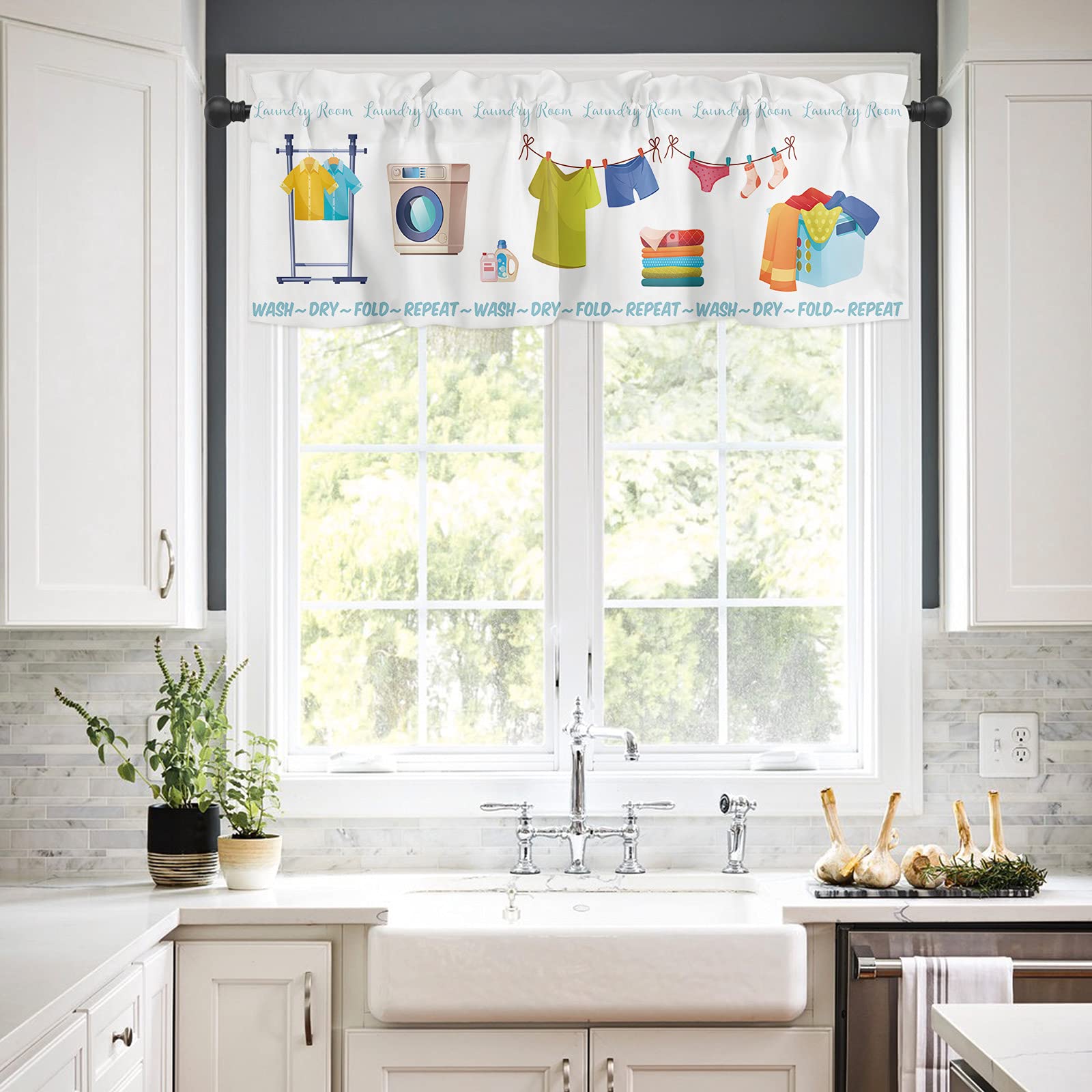 White Rod Pocket Window Valance Curtain Panel - Short Topper for Kitchen, Living Room, Bedroom & Bathroom | Drape Treatment & Cafe Curtains for Laundry Room & Dry Wash Areas | Perfect for Home Decor & Window Treatment
