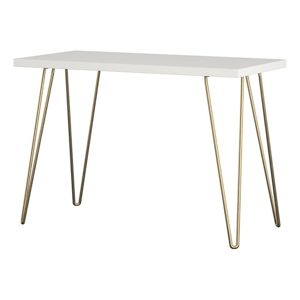 Vintage Mid-Century Modern White and Gold Wooden Computer Desk - Pemberly Row Retro Home Office Desk for Study, Work, and Gaming
