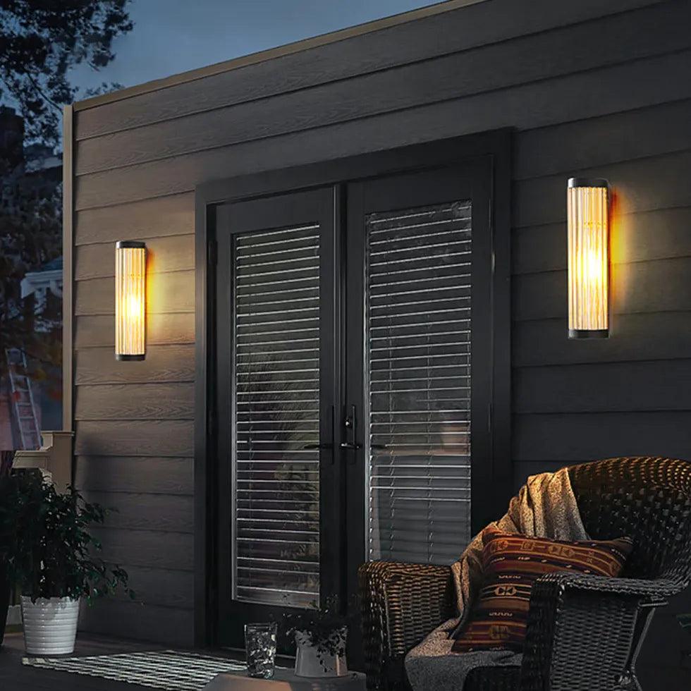 Modern Striped Glass Cylinder Outdoor Wall Lights - Waterproof LED Sconce for Porch, Patio, Garden & Exterior Home Decor