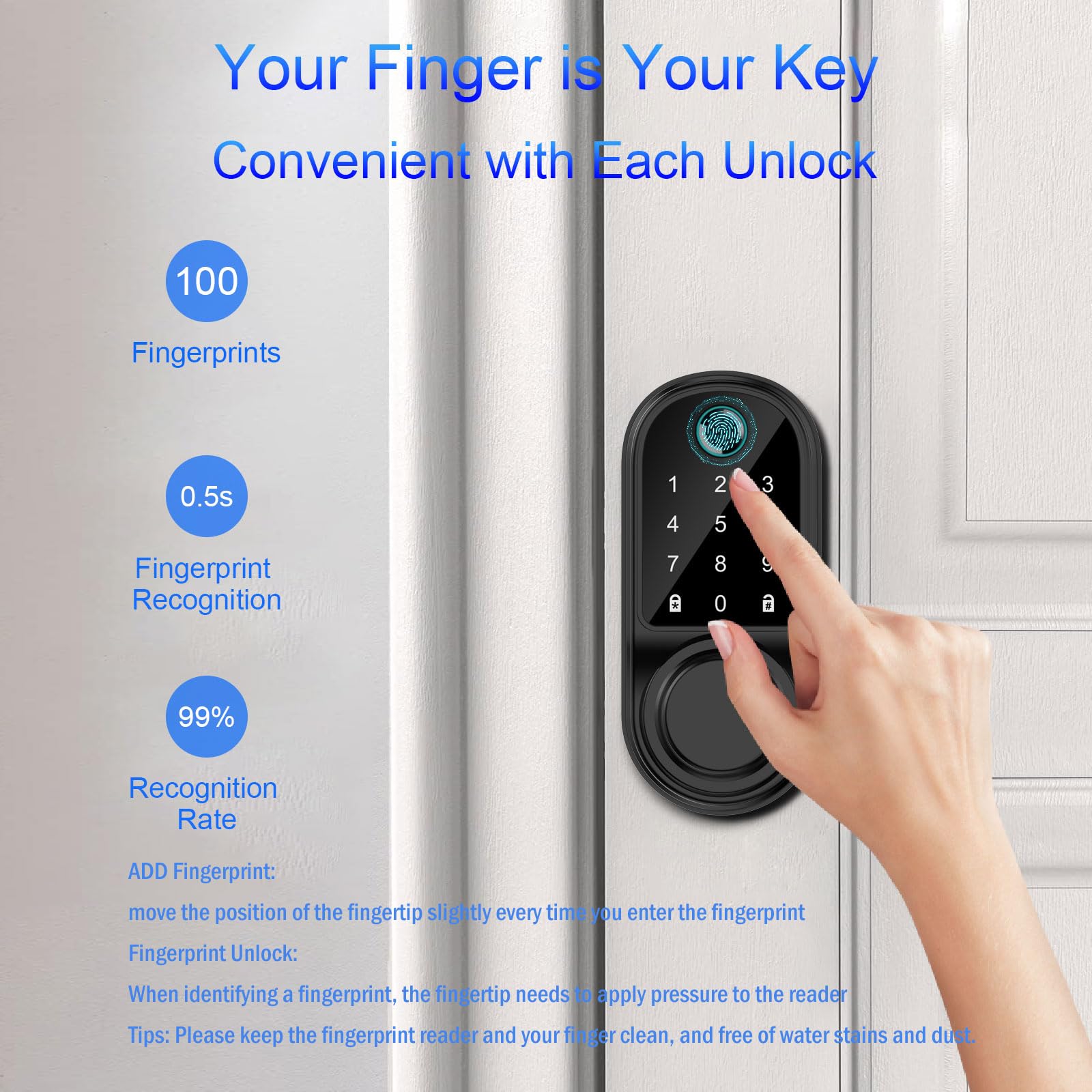 Smart Keyless Entry Door Lock - Fingerprint & Touchscreen Keypad with Bluetooth Control - Electronic Deadbolt for Home, Office & Apartment Security - Ideal for Hands-Free Access & Smart Home Integration