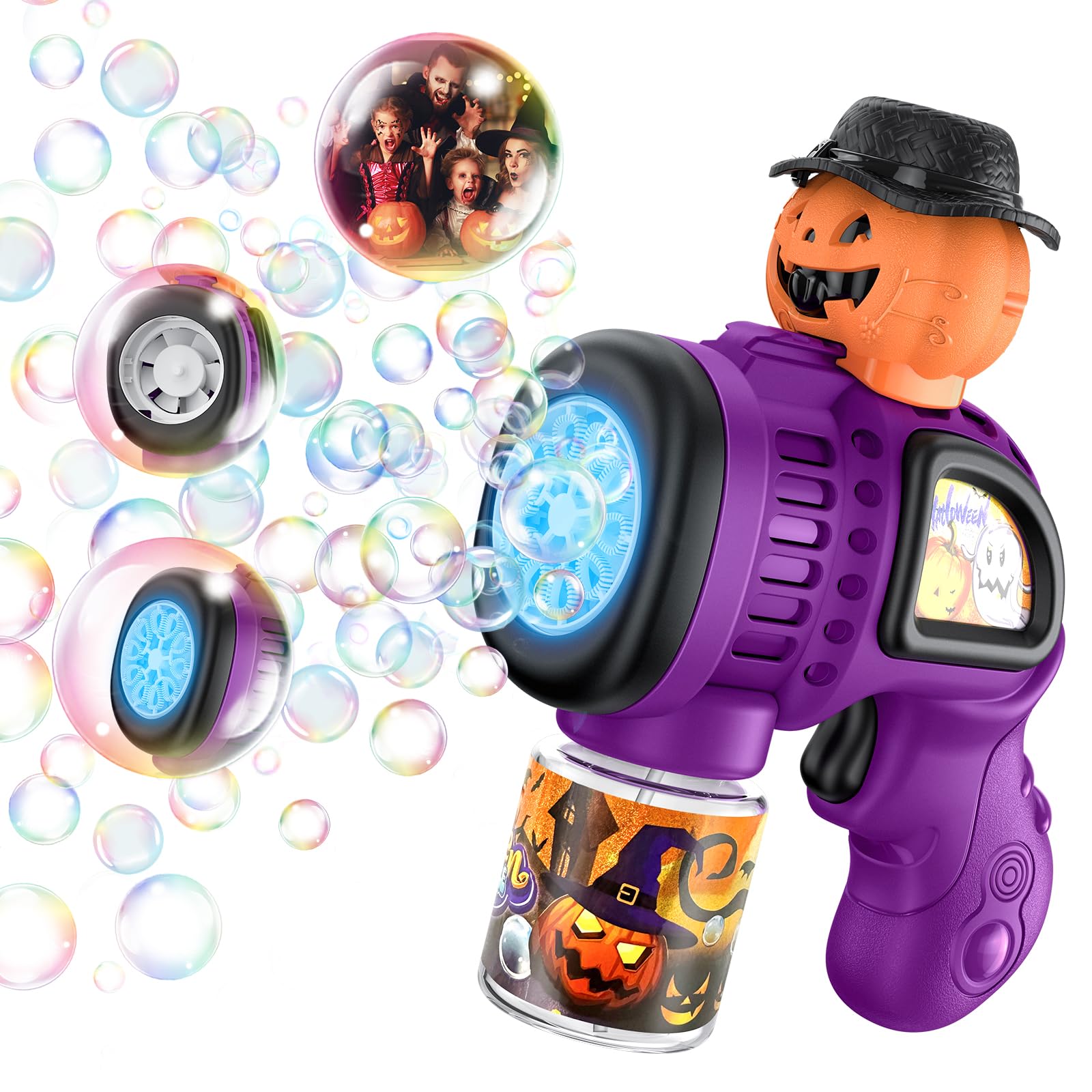 Fansteck Halloween Bubble Gun for Kids - 10 Hole Pumpkin Bubble Blower with LED Lights, Automatic Bubble Machine Toy for Toddlers | Perfect for Halloween Parties, Outdoor Play, Birthday Favors & Backyard Fun