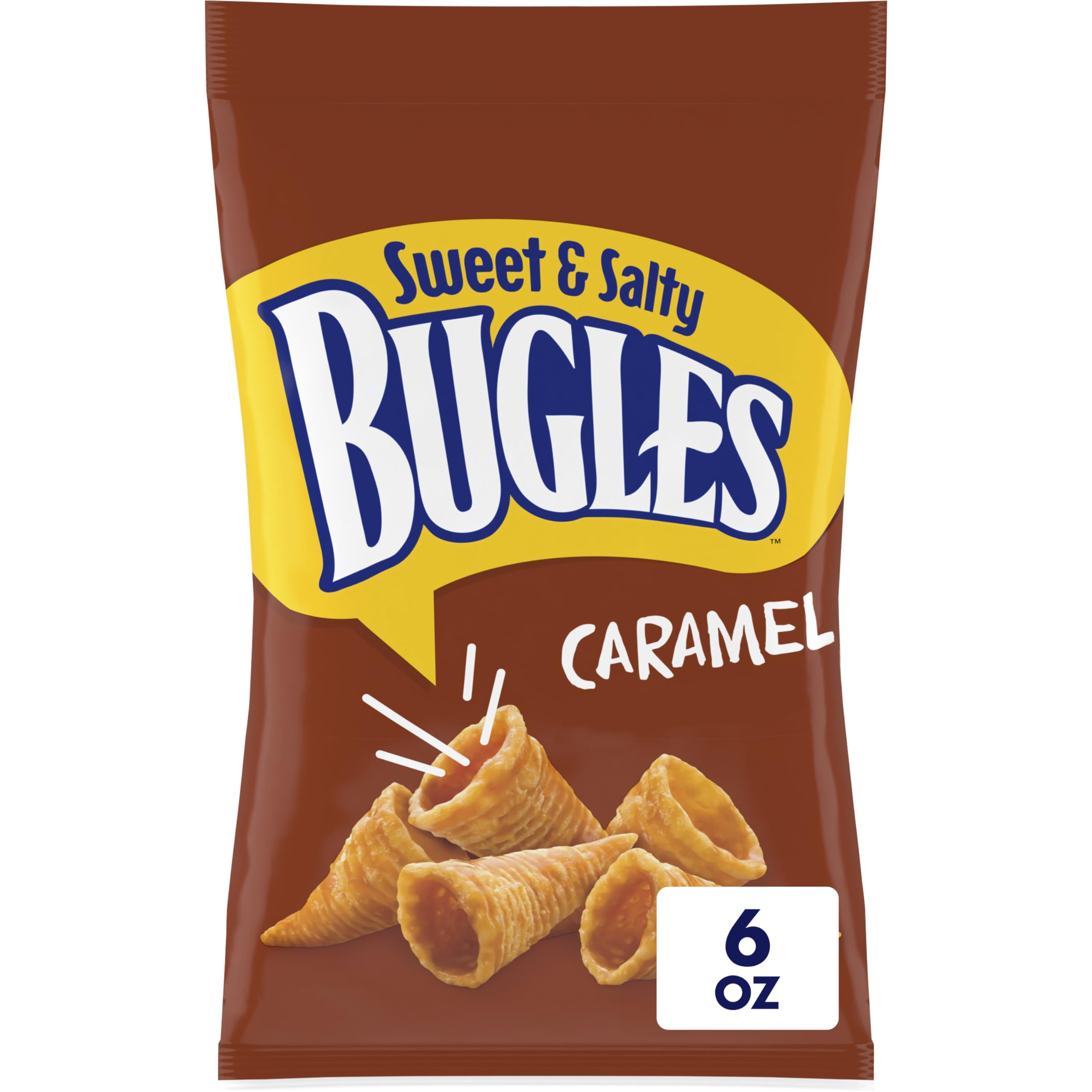 Bugles Crispy Corn Snacks - Sweet & Salty Caramel Flavor, 6oz Resealable Bag | Crunchy Party Snacks for Movie Nights, Road Trips & Office Breaks