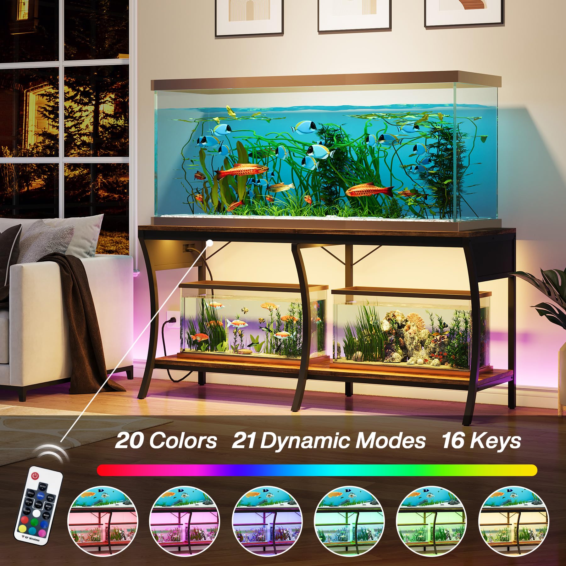 55-90 Gallon Heavy Duty Aquarium Stand with LED Light Strip & Power Outlets - 2-Tier Metal Fish Tank Stand for Reptiles & Large Aquariums - 1000LBS Capacity (Brown/Black) - Perfect for Home, Office & Pet Store Displays