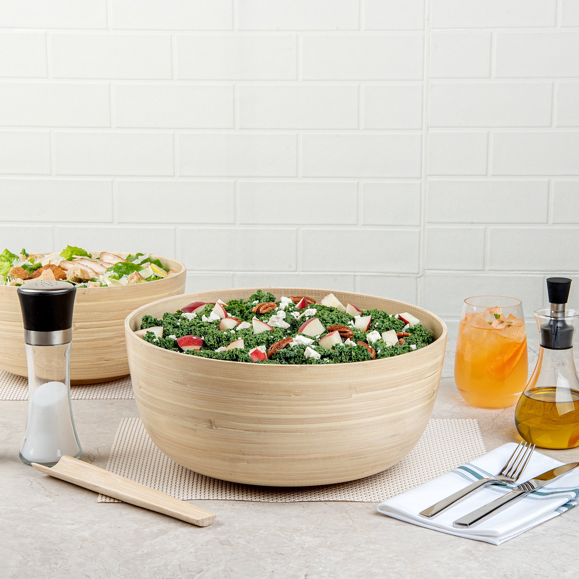 Bambuddha 51 oz Large Round Natural Spun Bamboo Salad Bowl - 13.5
