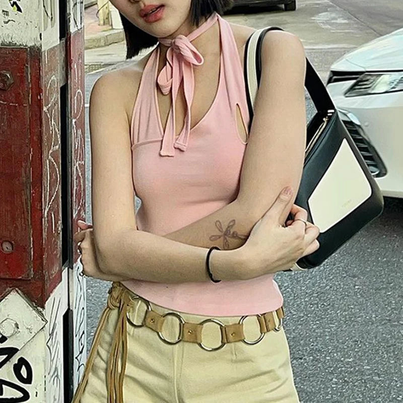 Sexy Backless Slim Pink Halter Camisole Top - Hollow Out Tie Up Korean Style Summer Crop Top for Women | Streetwear Fashion, Beachwear, Party Outfit