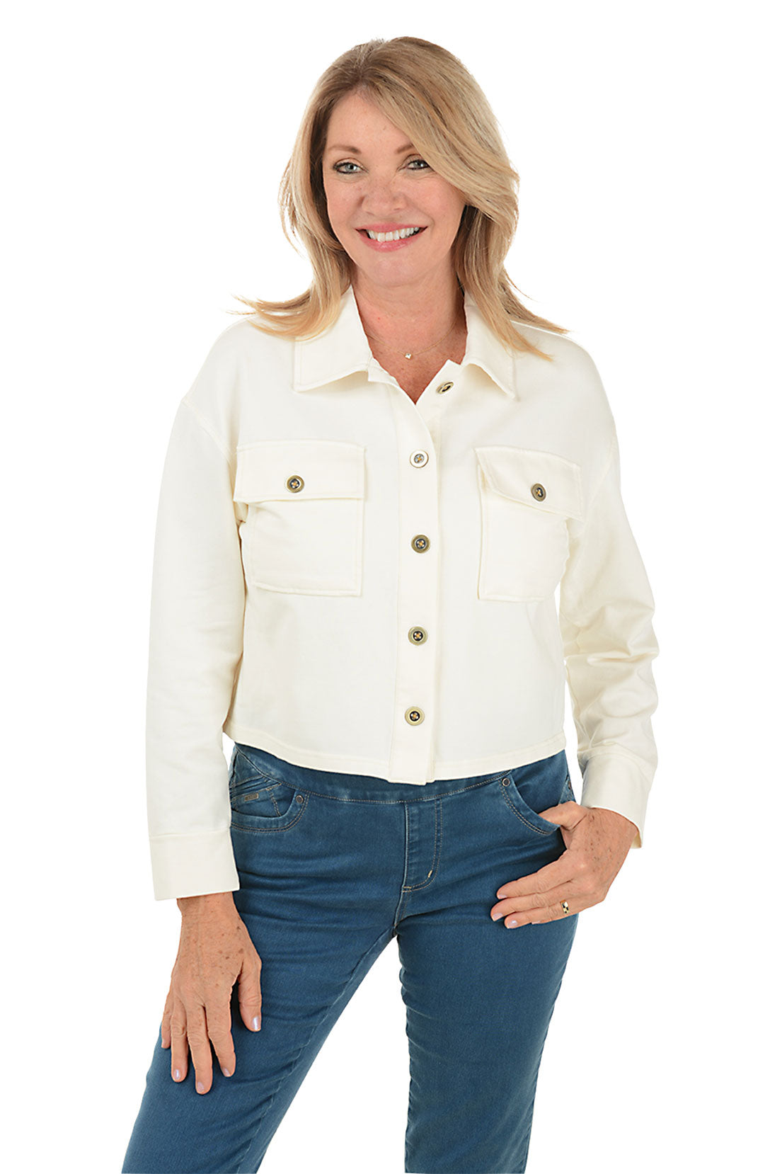 French Terry Cropped Button Front Shirt - Women's Casual Short Sleeve Top for Spring/Summer - Perfect for Beach, Vacation & Everyday Wear