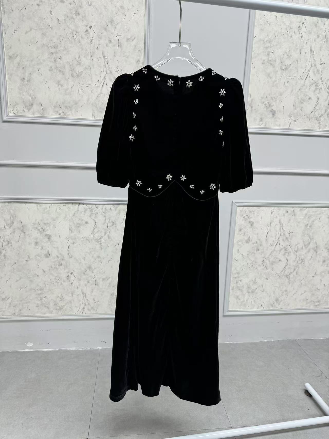 Black Crystal Embellished Puff Sleeve Midi Dress for Women - Elegant Party, Wedding & Evening Occasion Wear