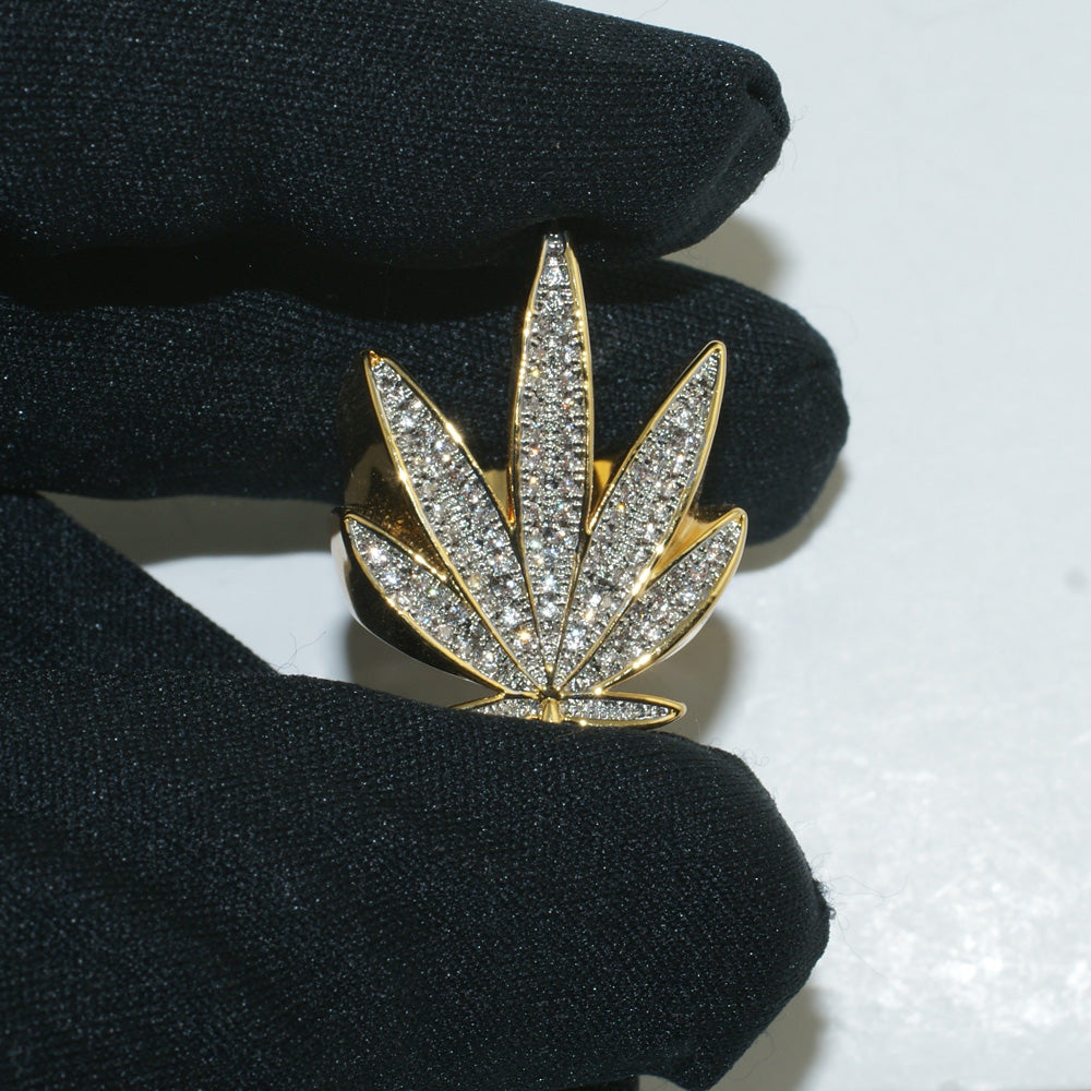 3D Gold Marijuana Leaf Iced Out Ring for Men & Women - Hip Hop Bling Jewelry for Rappers, Stoner Fashion Accessory, 420 Party Gift
