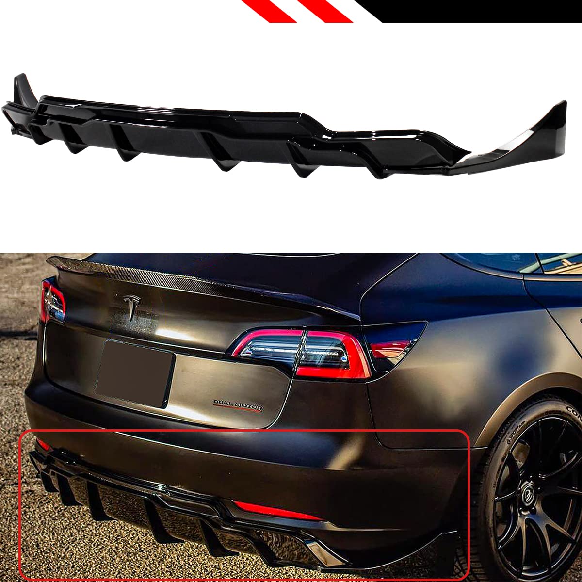 Gloss Black Shark Fin Rear Bumper Diffuser with Corner Extensions for 2017-2022 Tesla Model 3 - Performance Painted Car Body Kit - Enhance Aerodynamics & Sporty Style for Street Racing & Car Shows