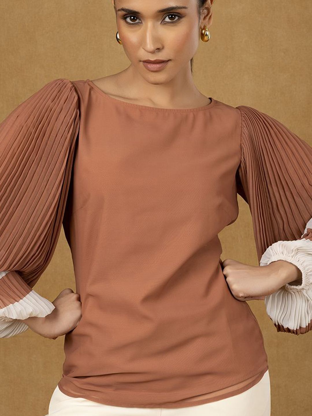 Stylish Brown Round Neck Pleated Sleeve Blouse for Women | Casual & Office Wear | Perfect for Work, Dates & Everyday Outfits