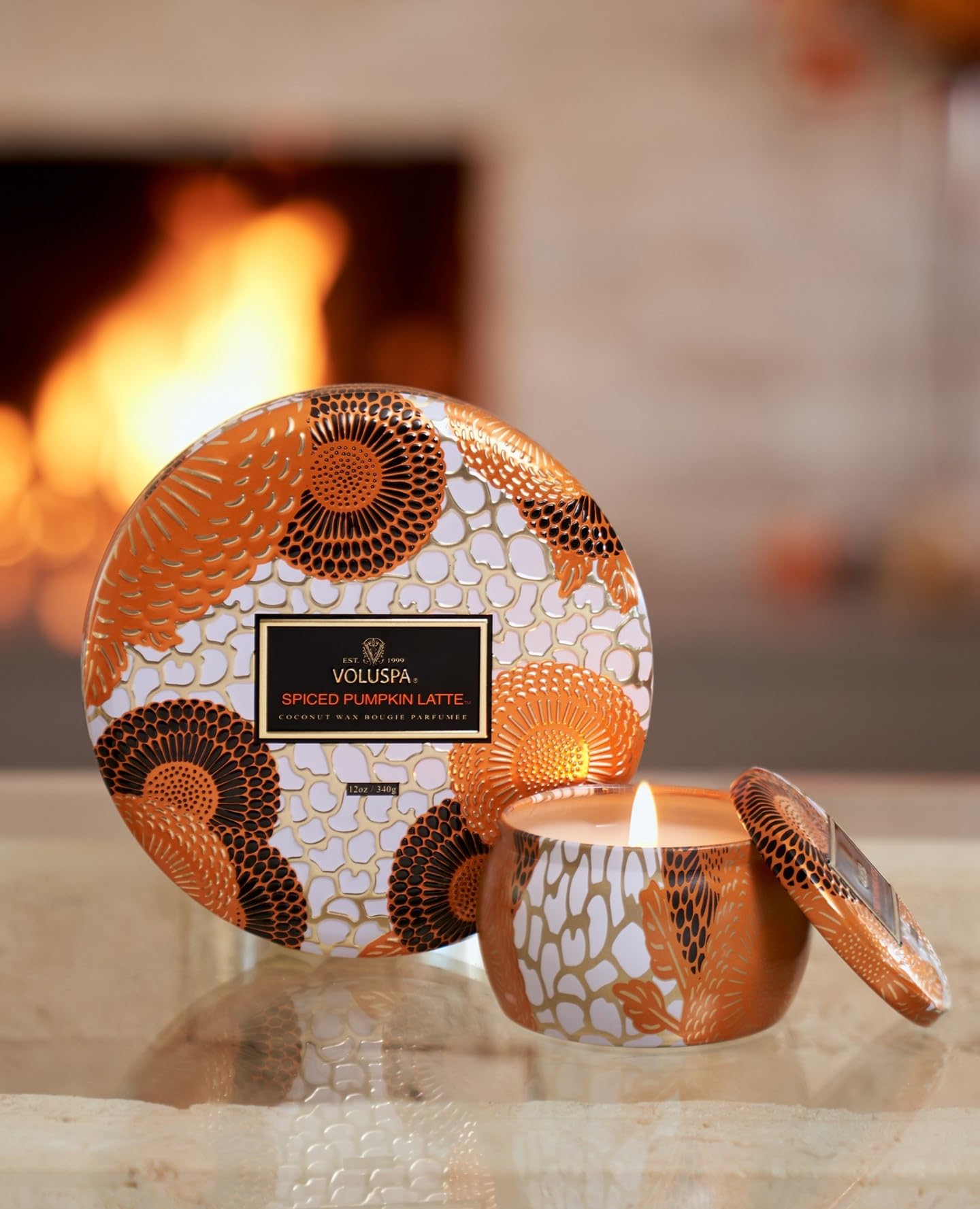 Voluspa Spiced Pumpkin Latte Scented Candle - Mini Tin 4oz | Clean Burning Coconut Wax | Fall Home Decor, Cozy Gift for Thanksgiving & Christmas
