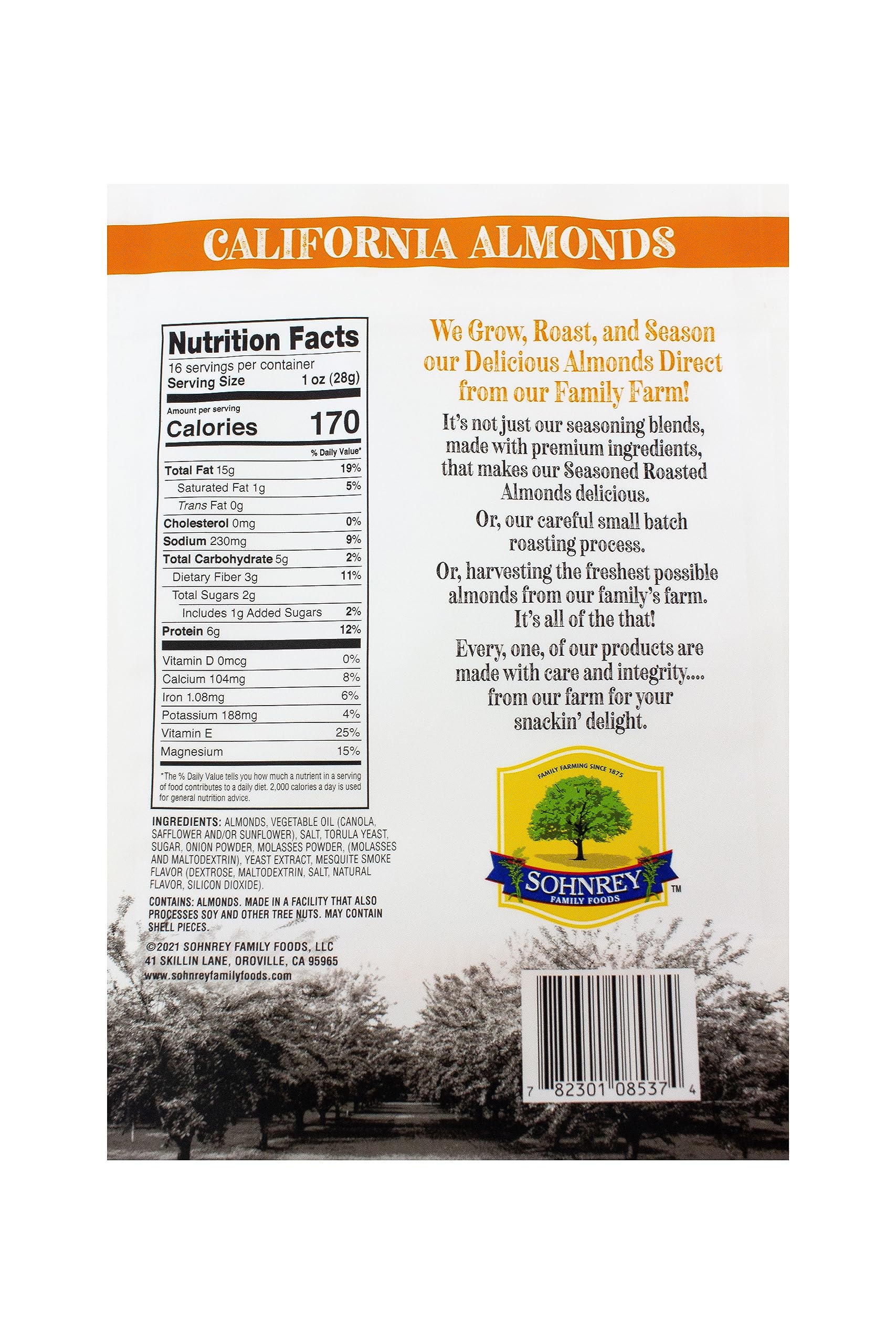 Mesquite Smoked Almonds 16oz - Steam Pasteurized, Smoky & Savory Roasted Nut Snacks - Sohnrey Family Farm - Perfect for Parties, Hiking & Healthy Snacking