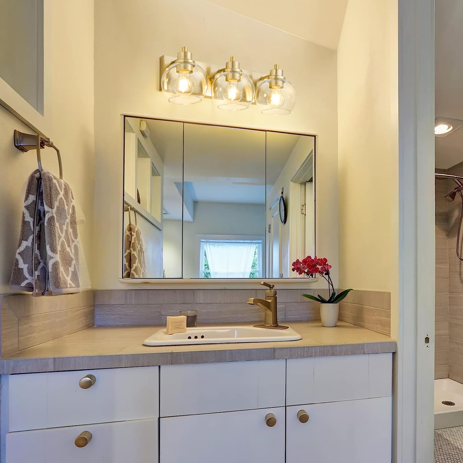 Tuscarora Gold Bathroom Vanity Light - 3-Light Brushed Gold Fixture with Clear Glass Shade for Mirror Lighting | Elegant Bathroom Lighting for Vanity, Dressing Room & Powder Room