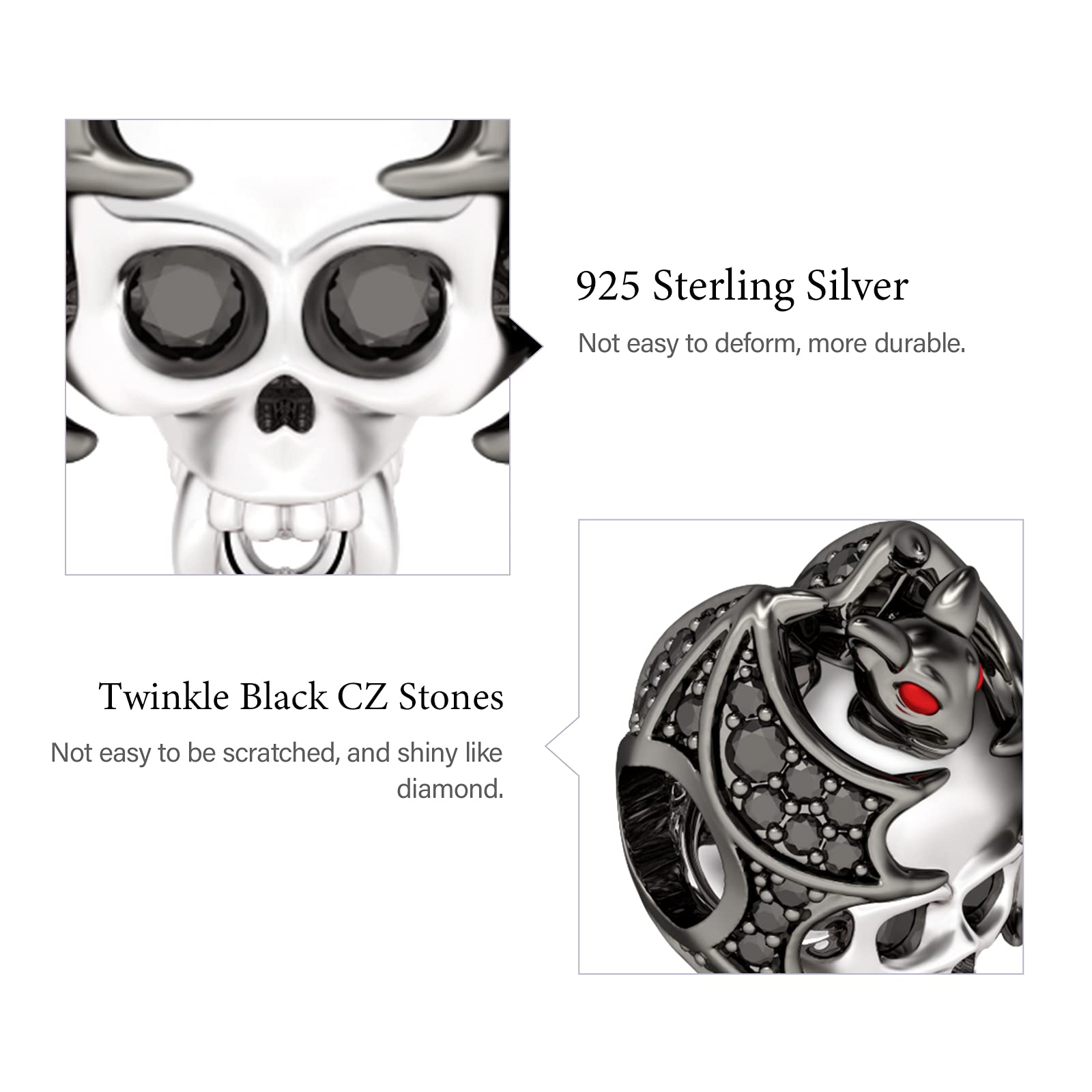 GNOCE Skull Charms - Glowing Bat Skull Pendant with Black Cubic Zirconia & 925 Sterling Silver - Handmade Gothic Jewelry for Bracelets & Necklaces - Perfect for Halloween, Gothic Fashion, and Alternative Style Accessories