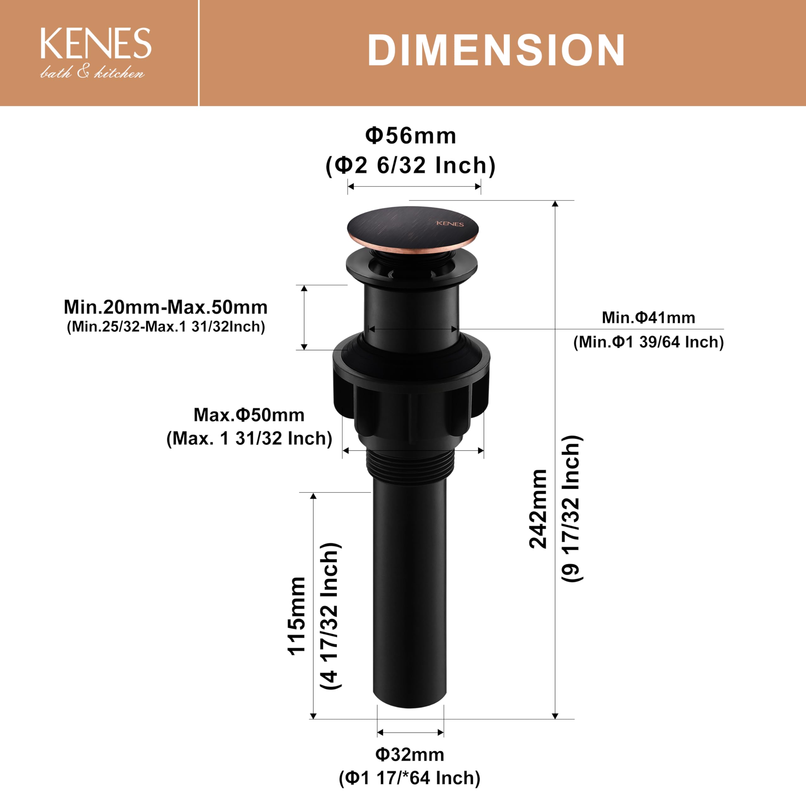 Kenes Oil Rubbed Bronze Bathroom Vessel Sink Drain - Pop-Up Drain Stopper Without Overflow, Anti-Clog Drain Assembly for Vanity Faucets - Perfect for Modern Bathroom & Powder Room Upgrades