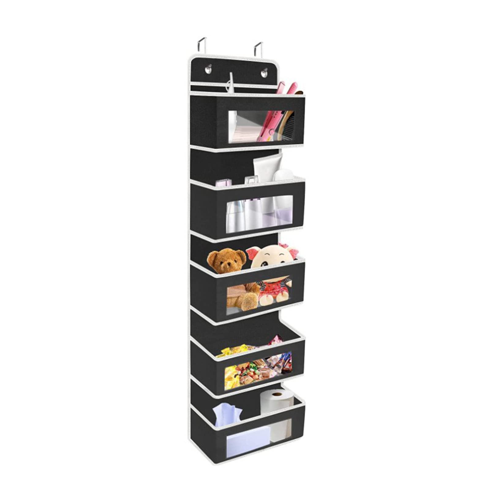 Over The Door Hanging Organizer with 5 Large Pockets - Foldable Wall Mount Fabric Storage with Clear Window & 2 Metal Hooks - Space Saving Solution for Pantry, Closet, Kitchen, Nursery, Bathroom & Office Organization