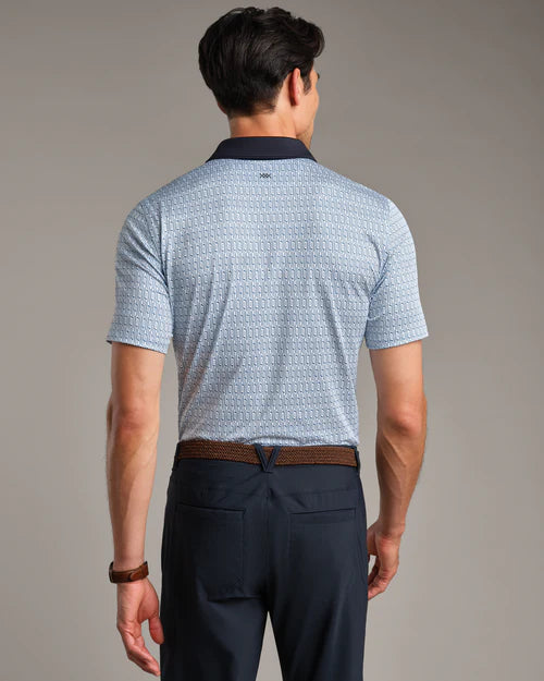 Rhone Men's Golf Sport Spread Collar Polo Shirt - Blue Stone/White Club Print - Moisture-Wicking Performance Shirt for Golf, Tennis & Casual Wear
