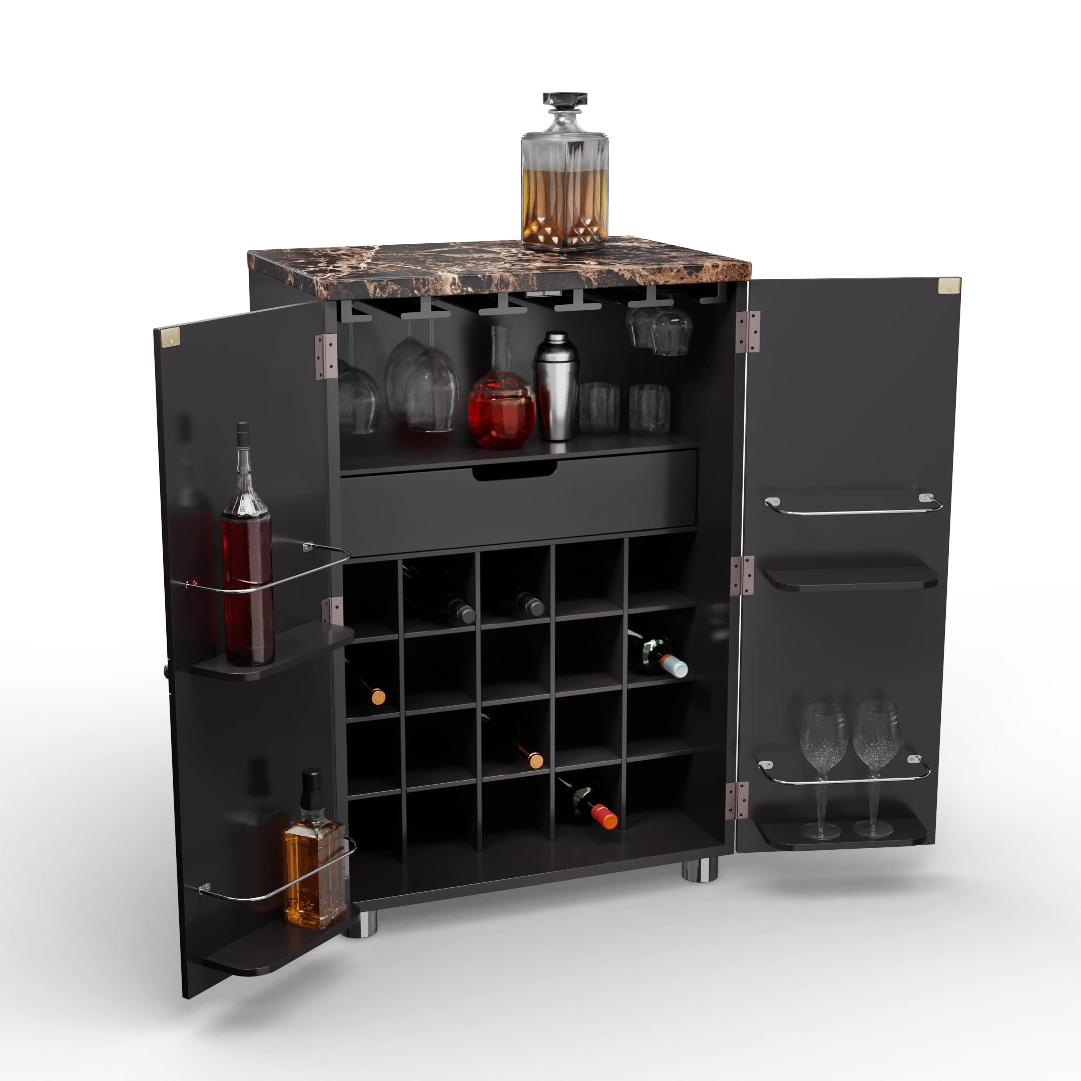 SEI Furniture Cape Town Contemporary Bar Cabinet - Wine & Liquor Storage with Faux Marble Countertop, Black Finish - Perfect for Home Bars, Dining Rooms & Entertaining Spaces