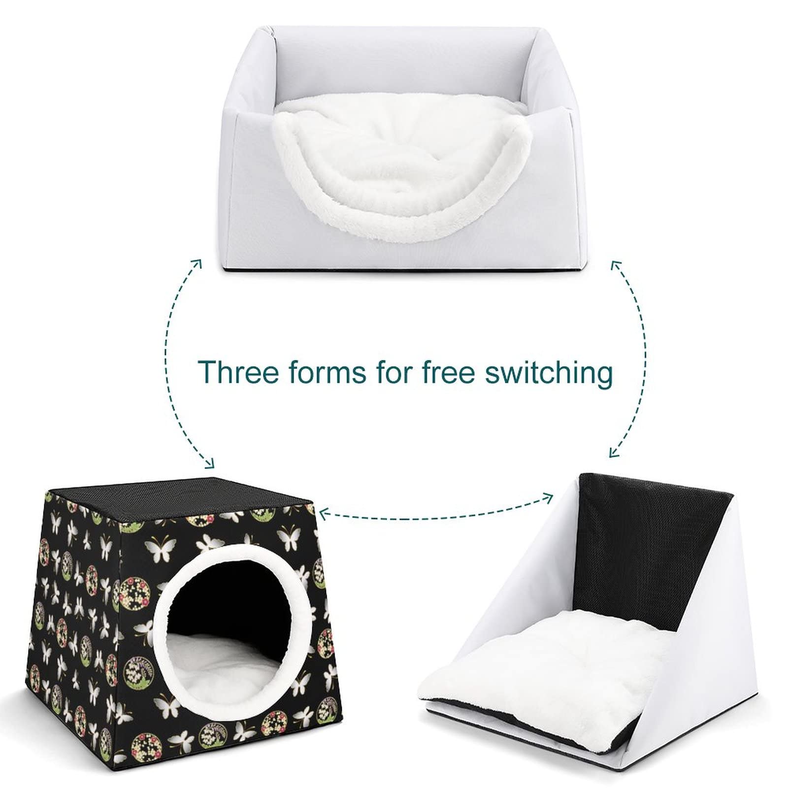 3-in-1 Foldable Cat House, Bed & Sofa with Removable Cushion - Butterfly Black Retro Style Cat Shelter & Scratching Toy for Indoor Cats - Perfect for Living Room, Bedroom or Pet Corner