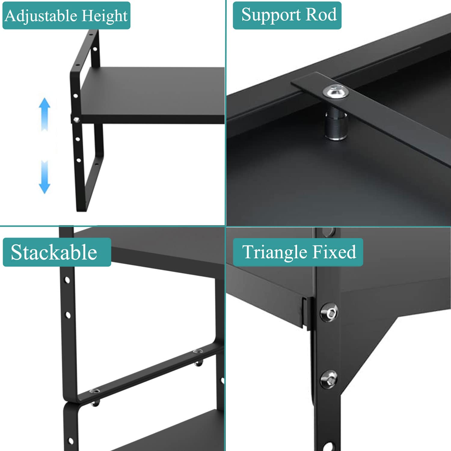 2 Pack Expandable Kitchen Cabinet Shelf Organizers - Stackable Metal Pantry Storage Rack, Adjustable Counter Shelf for Cabinets & Countertops - Perfect for Spice Organization, Baking Supplies & Small Appliance Storage (Black)